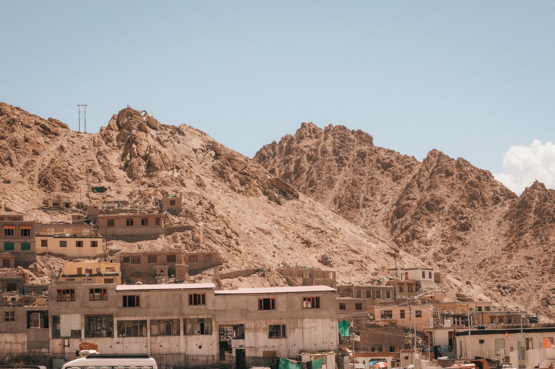 Himalayan city of Leh in Ladakh, India with mountain backdrop and traditional houses
