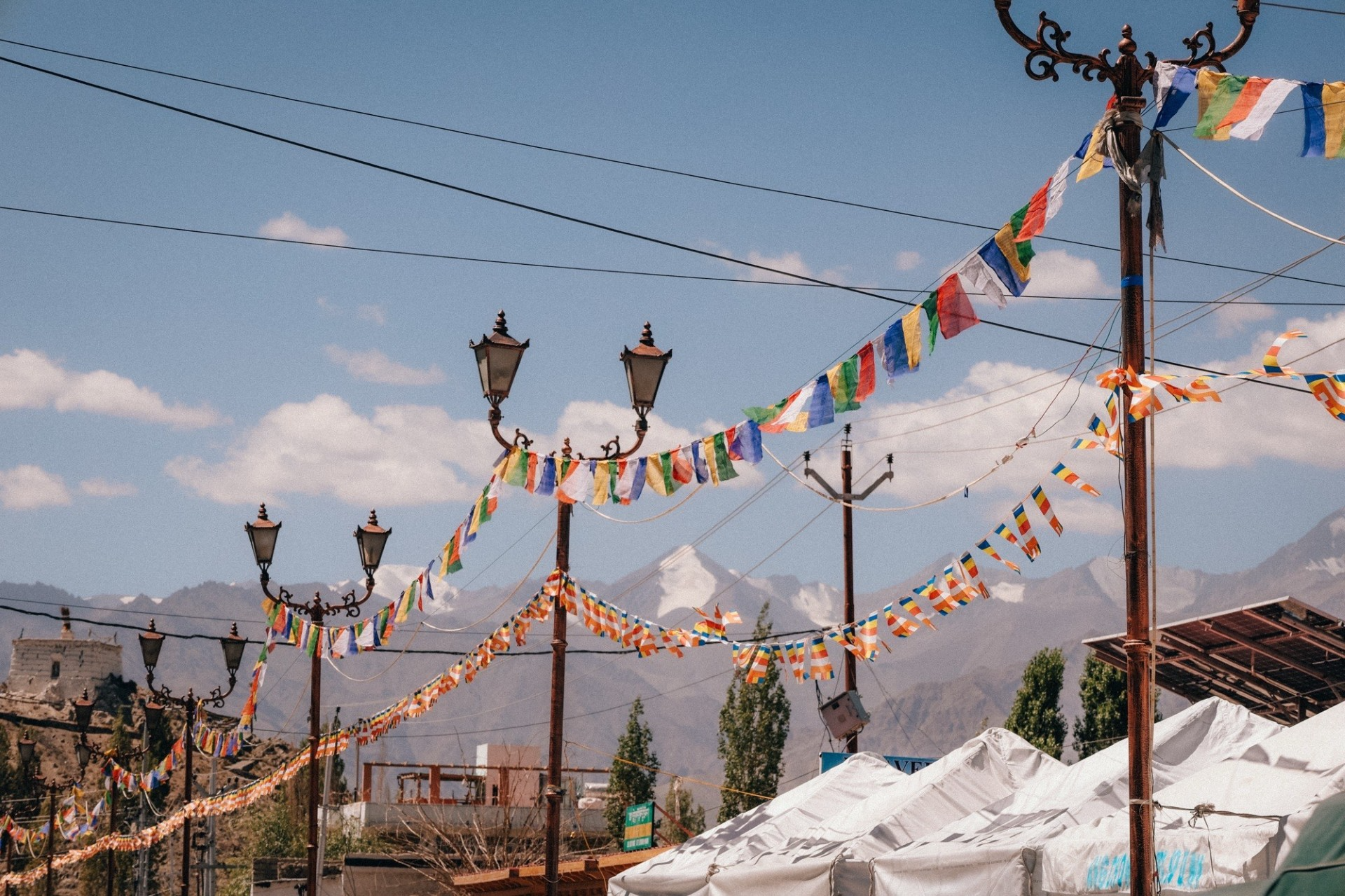 The city of Leh and the many prayer flags around.