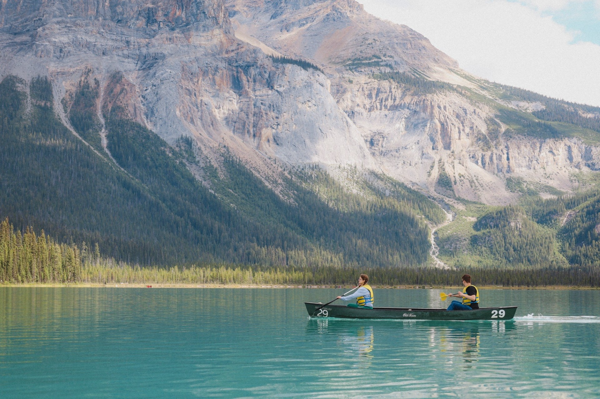 Canoes in Emerald Lake in the morning. 