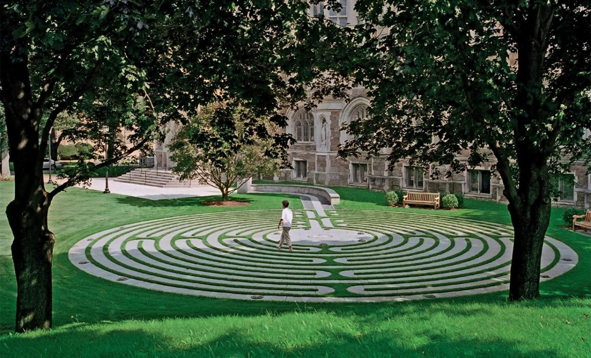 Stone labyrinth path on Boston College campus. 9/11 Memorial Labyrinth – Boston College, Chestnut Hill