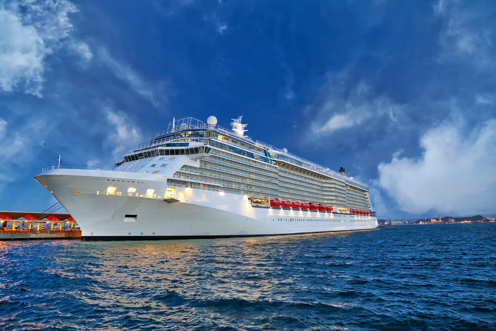 Viking Ocean Cruises ship docked at sunset, adult-only Scandinavian cruise experience.