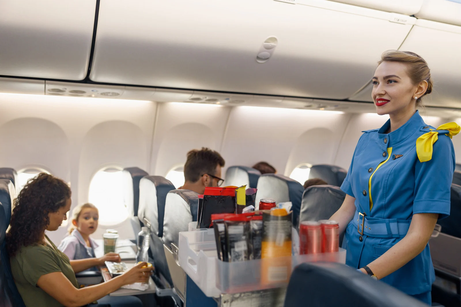 Flight attendant serving drinks on airplane while passenger reaches out — pulling on a flight attendant’s sleeve is bad airplane etiquette and one of the polite habits flight attendants secretly hate.