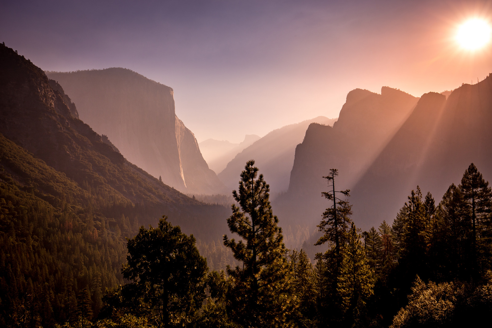 Sunset over Yosemite Valley from Valley View with El Capitan, Cathedral Rocks, and golden light reflecting in the Merced River