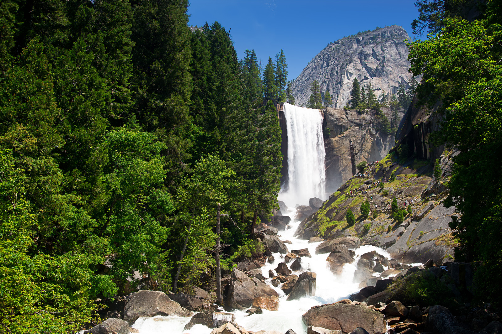 Vernal Fall cascading over granite cliffs surrounded by green forest along the Mist Trail in Yosemite National Park