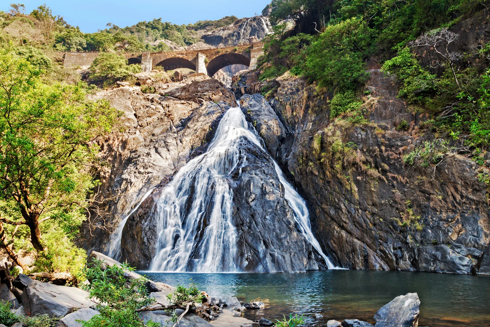 Dudhsagar Falls in Goa surrounded by lush greenery — a stunning natural attraction that shows the beauty of India beyond its beaches.