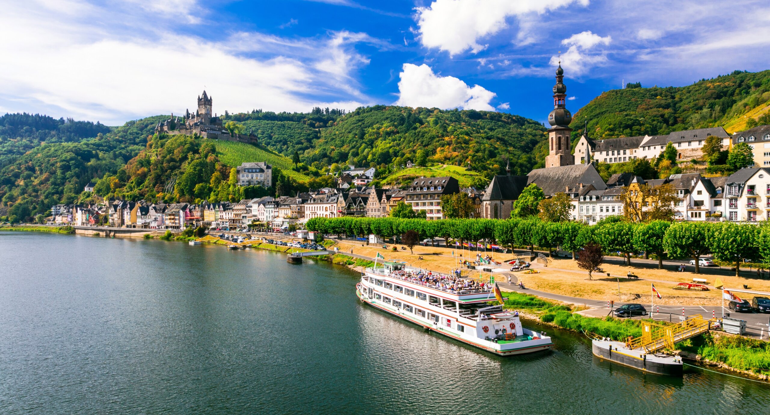 Romantic river cruises over Rhein - medieval Cochem town. Germany