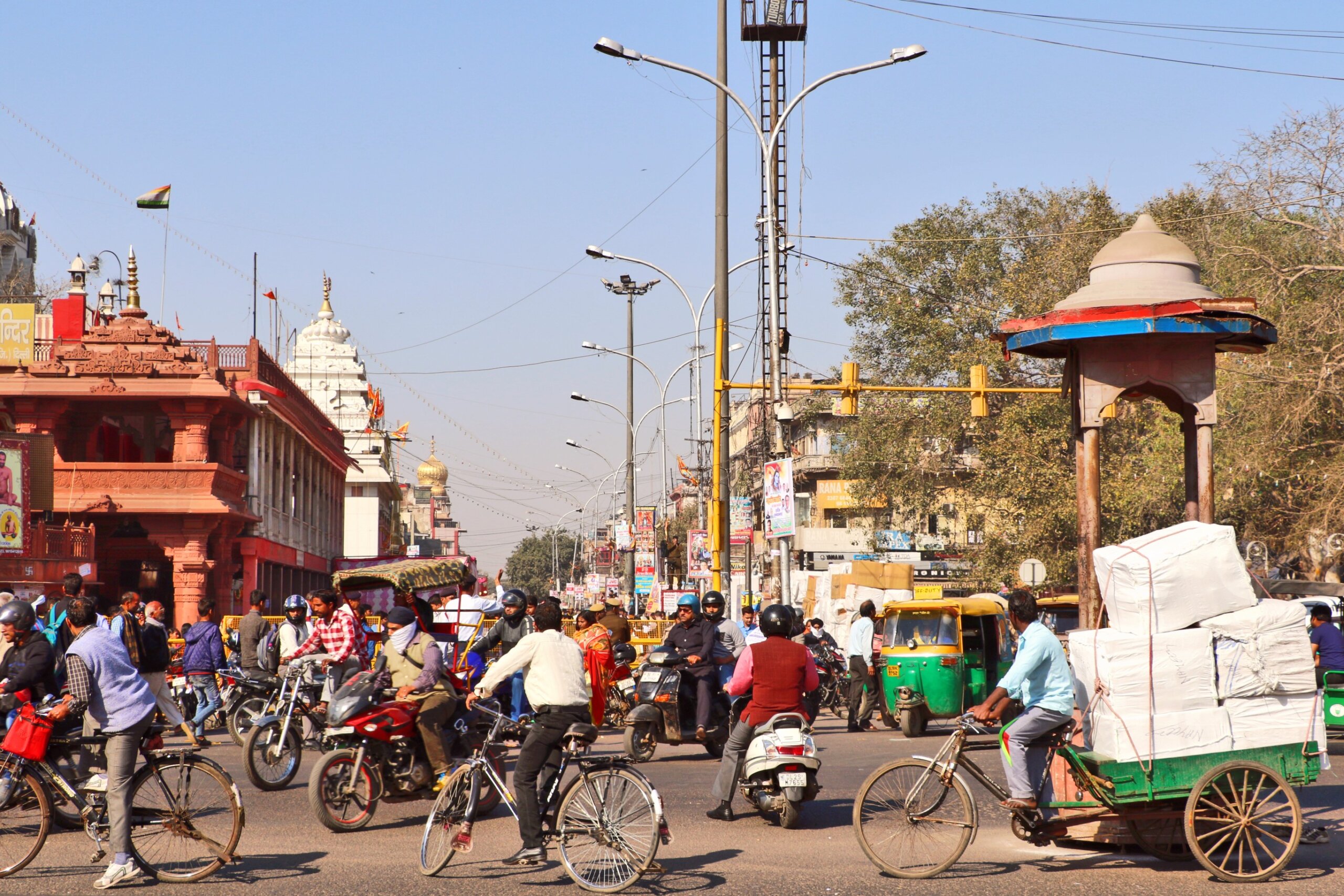 Crowded and traffic packed world famous market Chandni Chowk situated in front of Historical Red Fort.
