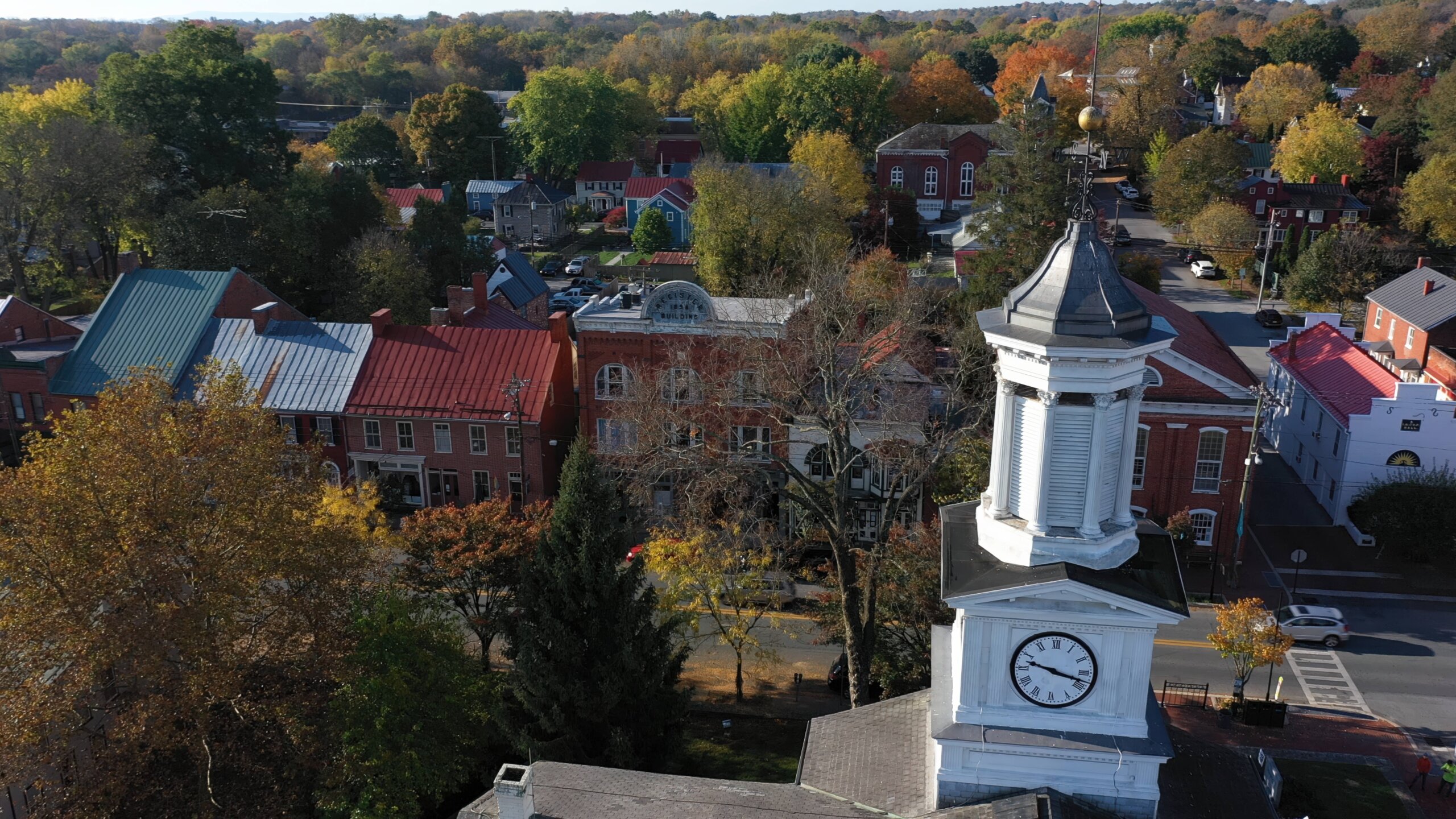 Aerial camera orbiting around McMurrin Hall in Shepherdstown, WV on an autumn morning.
