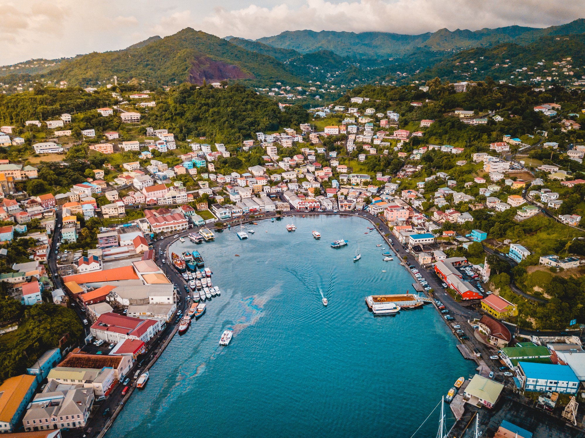 hurricane-free travel spots: Tropical Caribbean City Port with boats and ships Grenada
