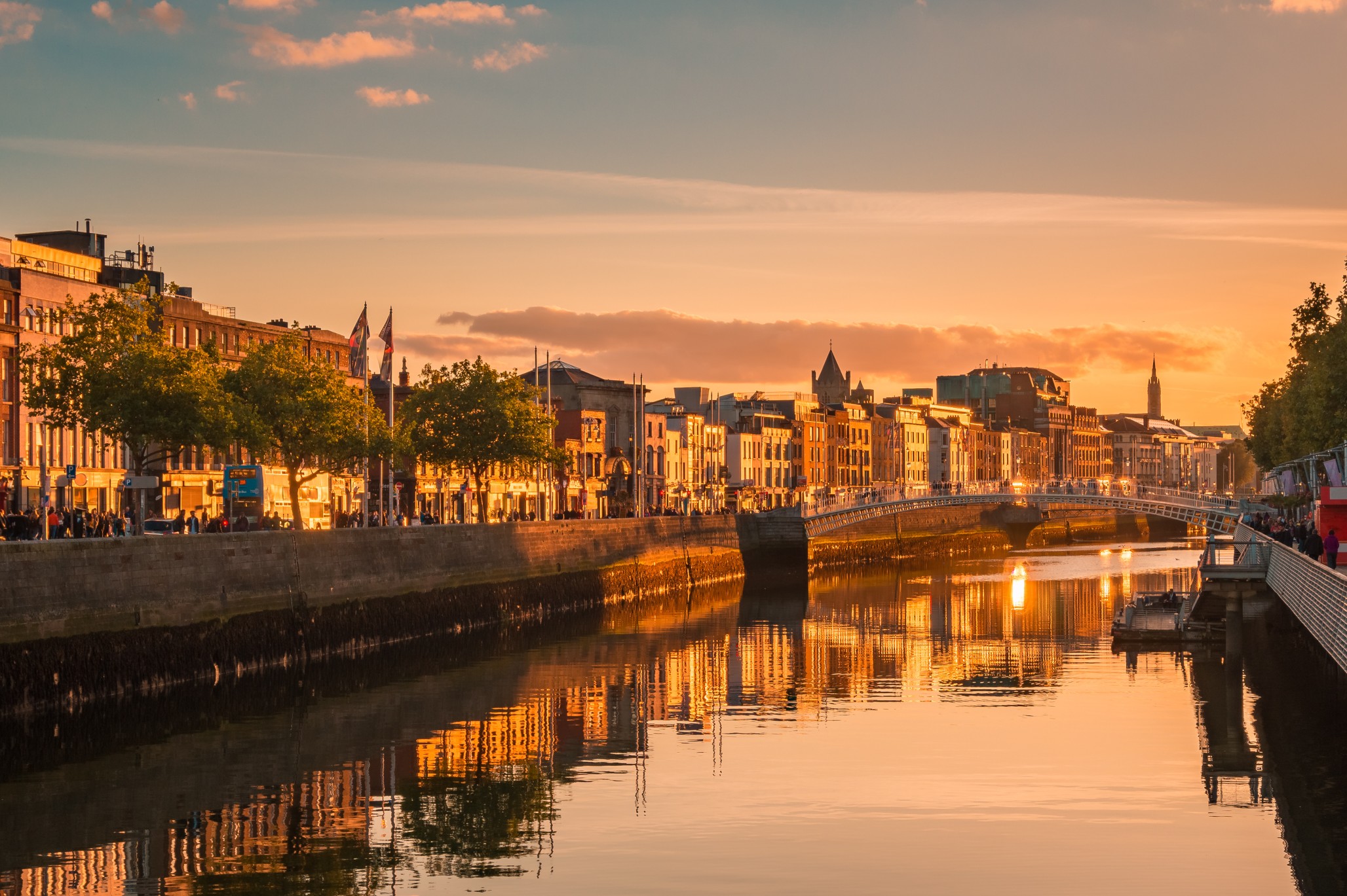 Beautiful golden hour view over Dublin city center in Dublin, Ireland
