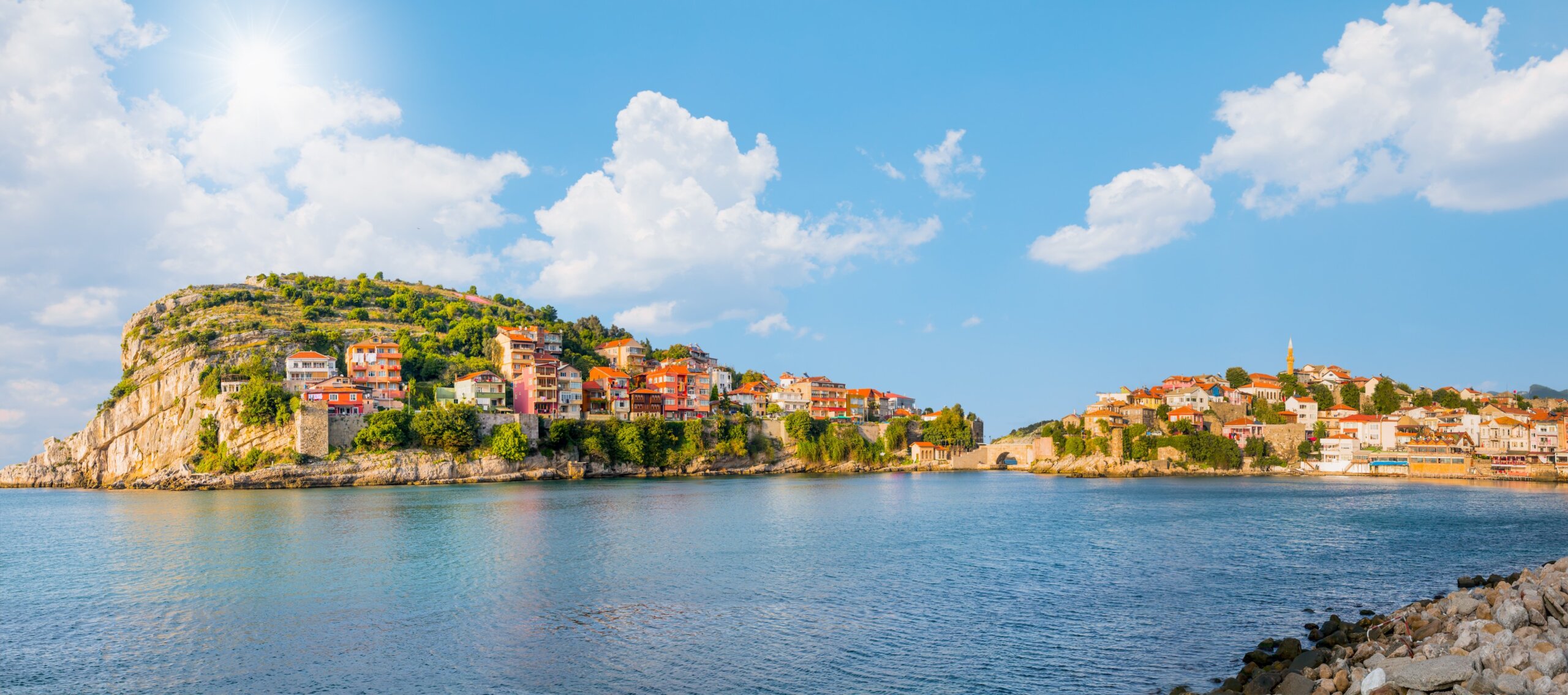 Beautiful cityscape on the mountains over Black-sea, Amasra. Amasra traditional Turkish architecture
