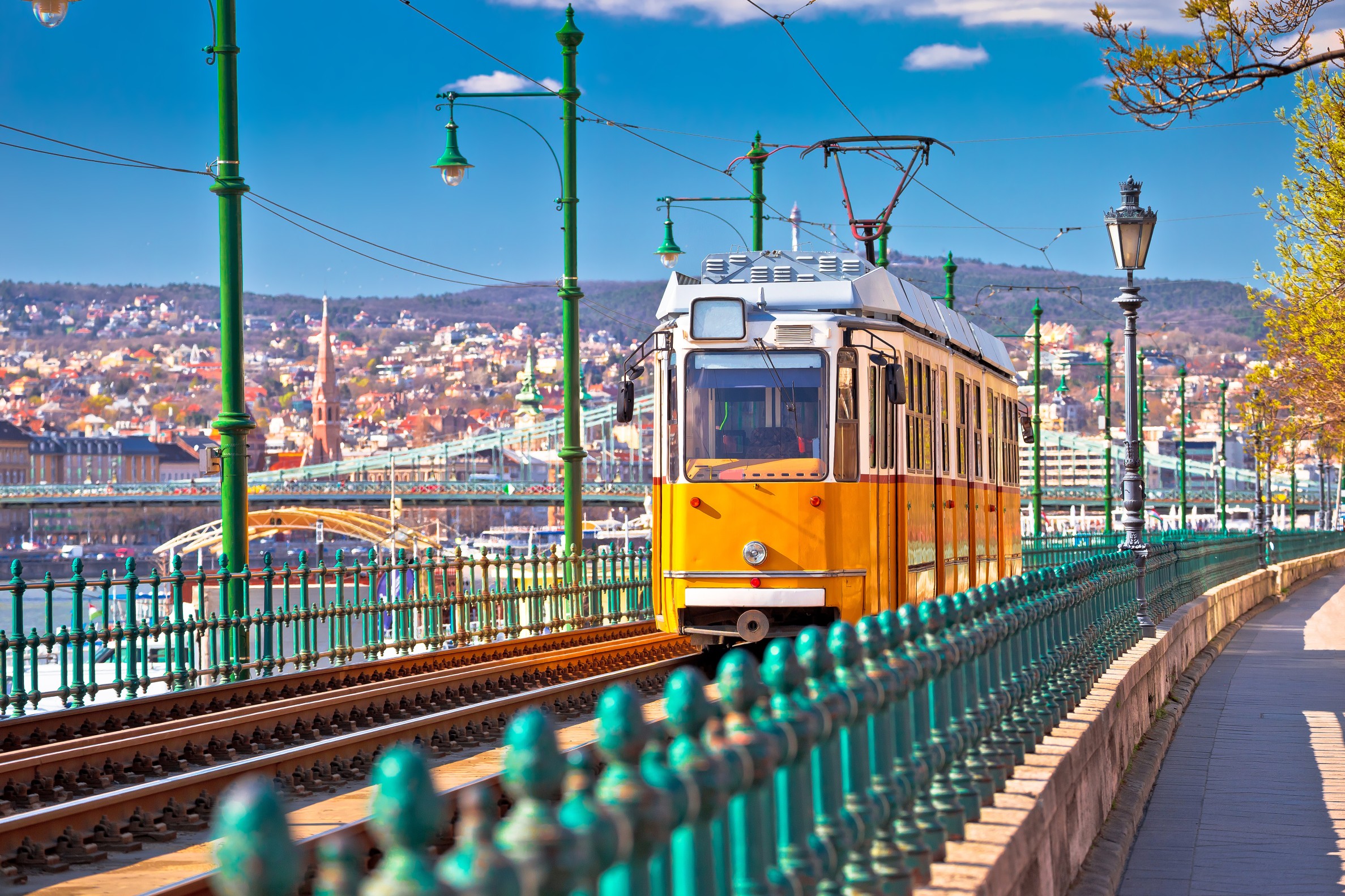 Budapest Donau river waterfront historic yellow tramway view

