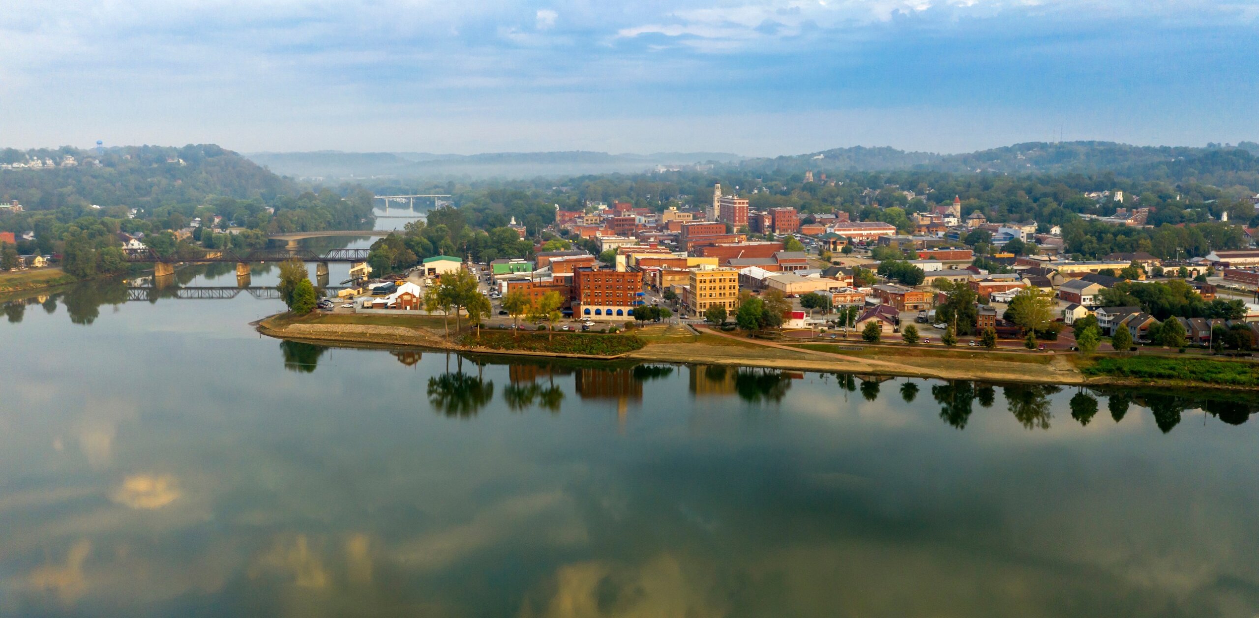 Foggy Morning Over the River and Main Street Marietta Ohio Washington County
