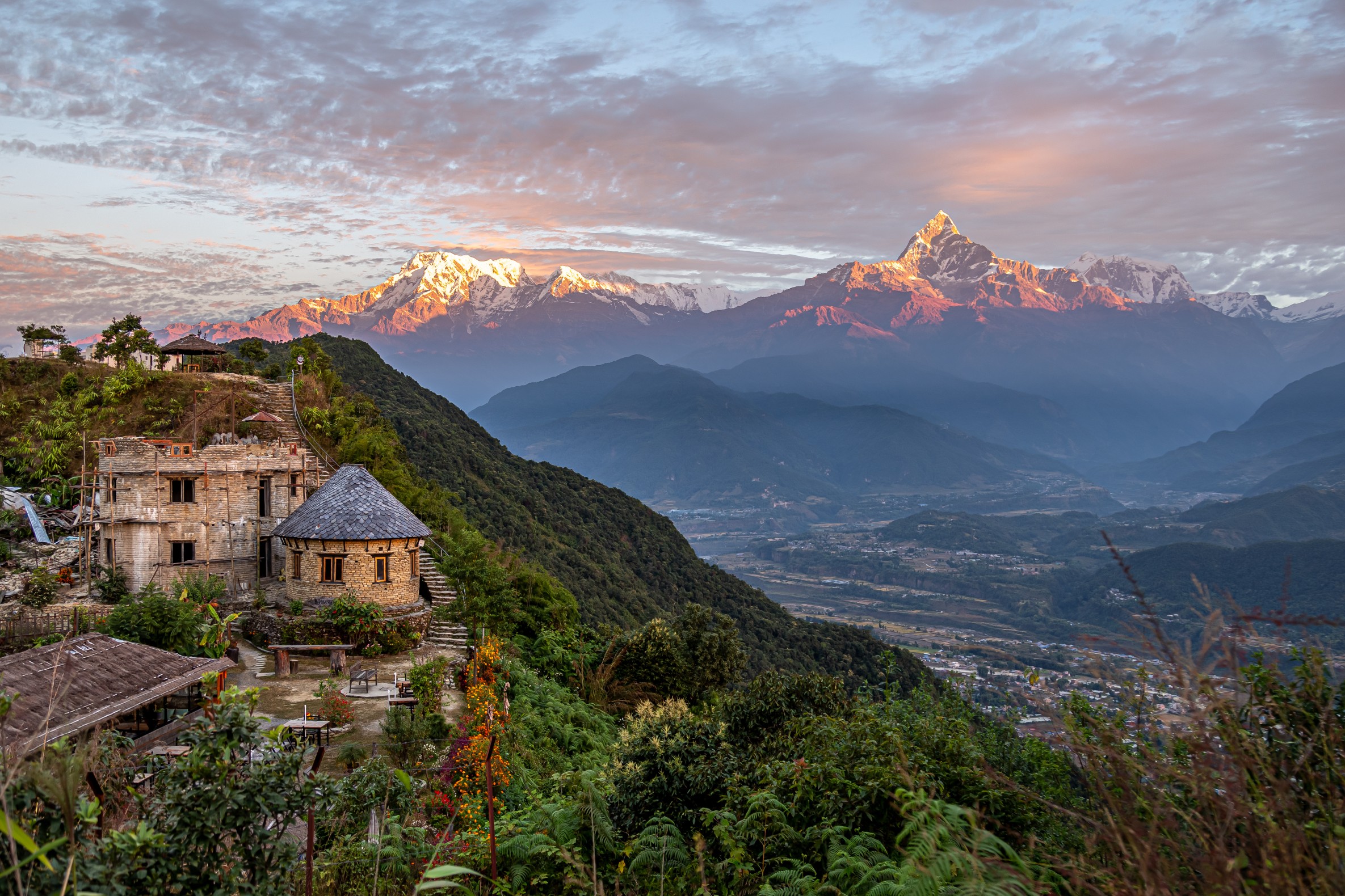 Sunrise on the Himalayas Pokhara Nepal - one of the world’s most earthquake-prone regions.
