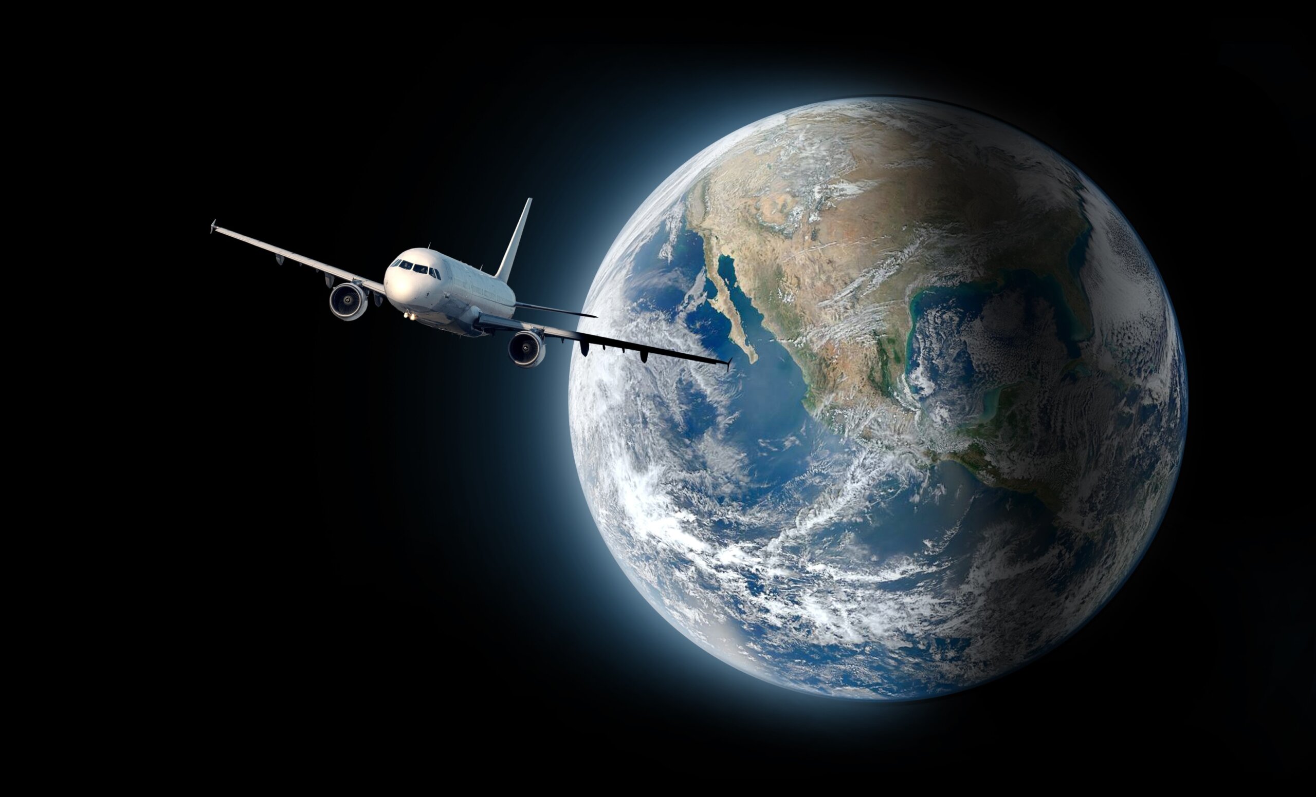 Travel concept of airplane flying around earth.