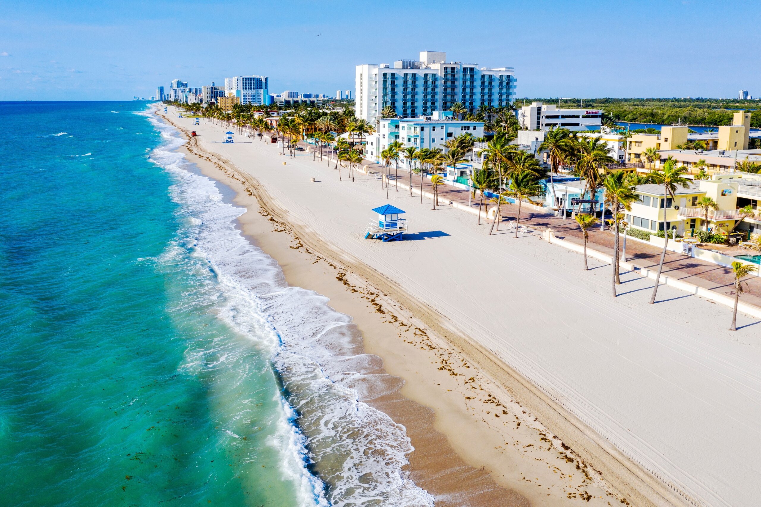 Aerial View of Hollywood Beach.Empty Beach.during COVID-19 .Lockdown, all Florida Beaches are closed to slow spread of the Corona Virus.Hollywood Beach Broadwalk..Hollywood, Broward,Florida,USA