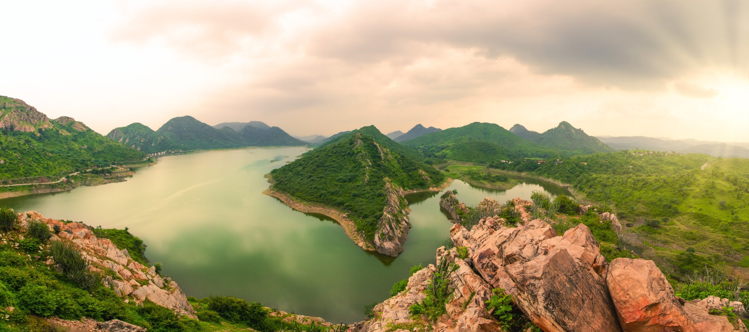 Panoramic view of Badi sagar lake an artificial fresh water lake, Udaipur, Rajasthan, India
