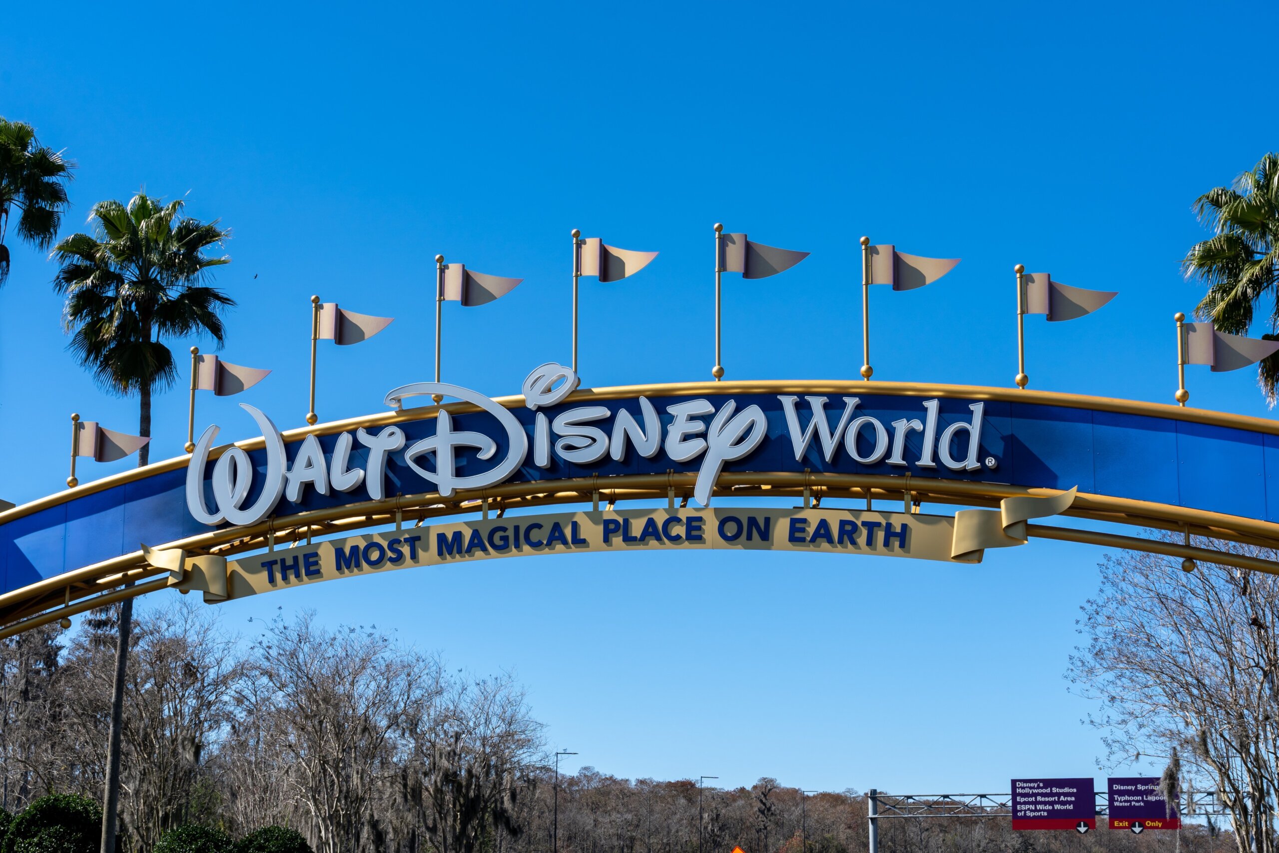 A Walt Disney World entrance arch gate in Orlando, Florida, USA. Walt Disney World is an entertainment resort complex.