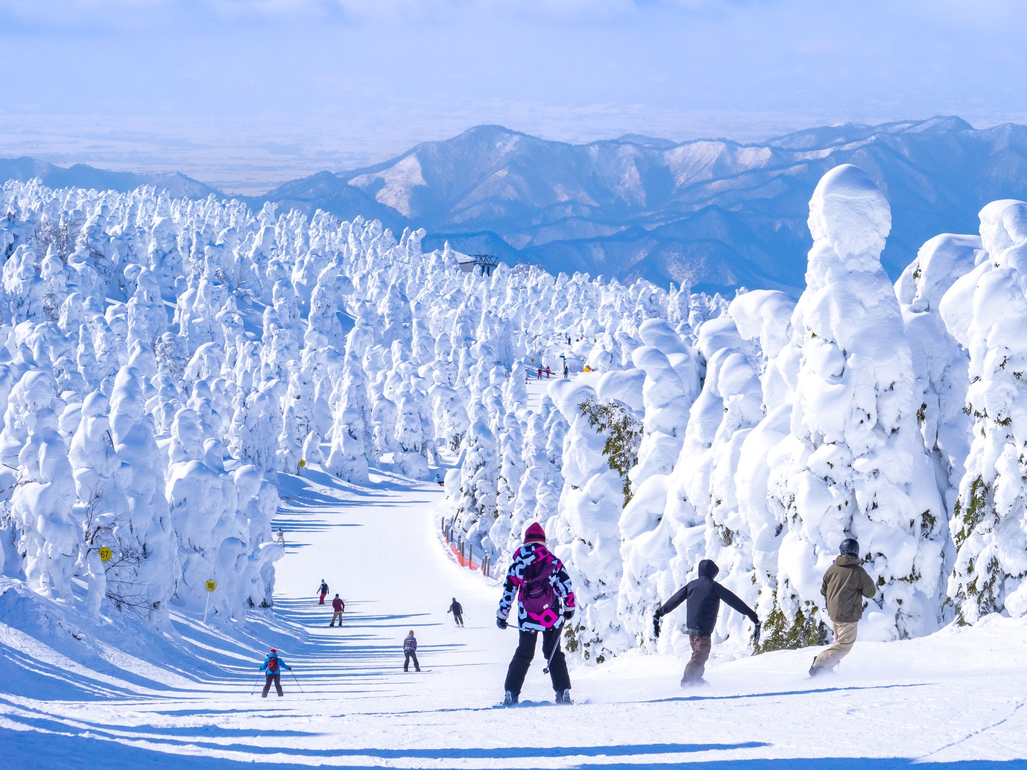 People racing down in a slope through the snow monsters (soft rime). (Zao-onsen ski resort, Yamagata, Japan)

