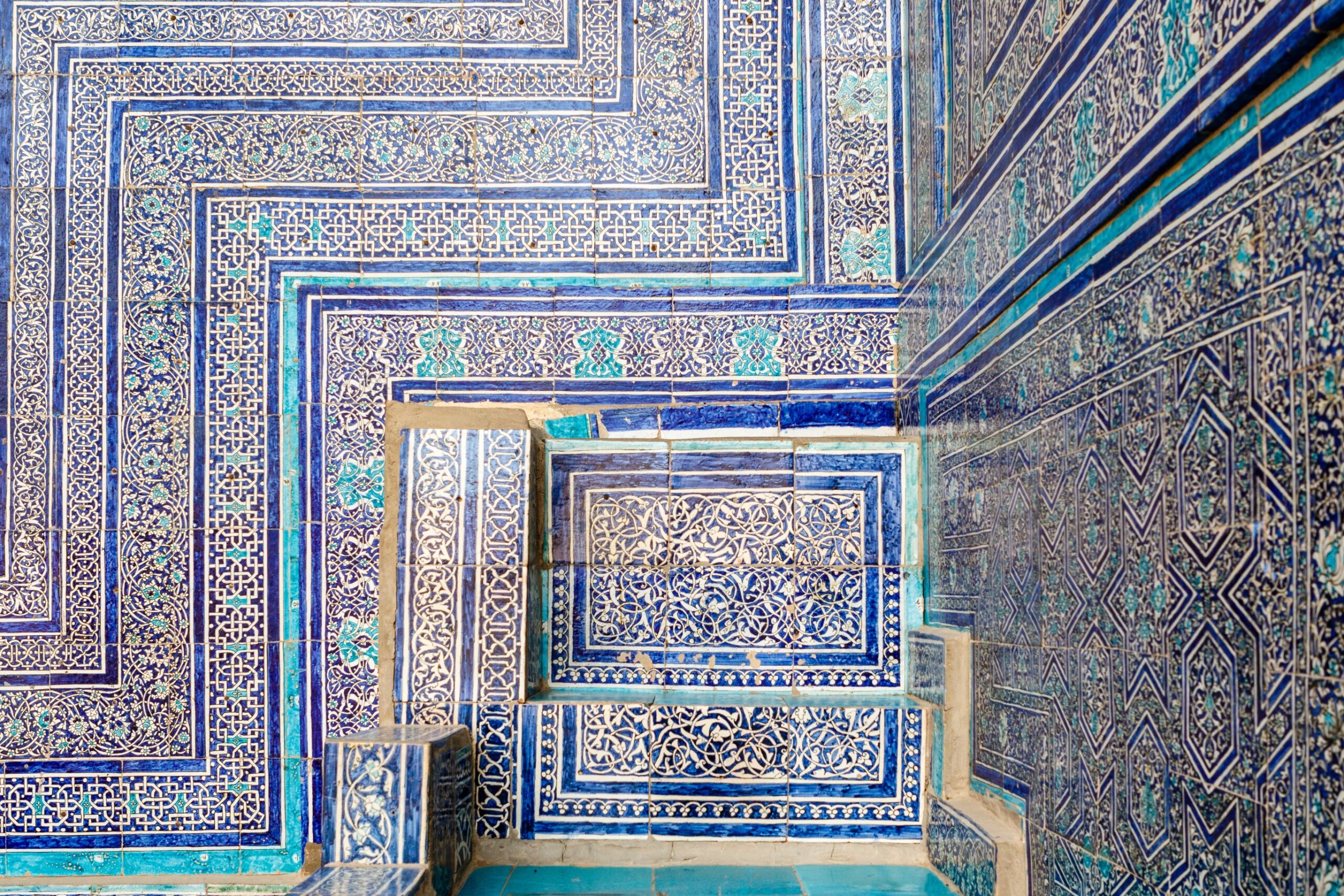 Ornate mosaic wall in the Kuhna Ark citadel in Khiva, Uzbekistan, Central Asia
