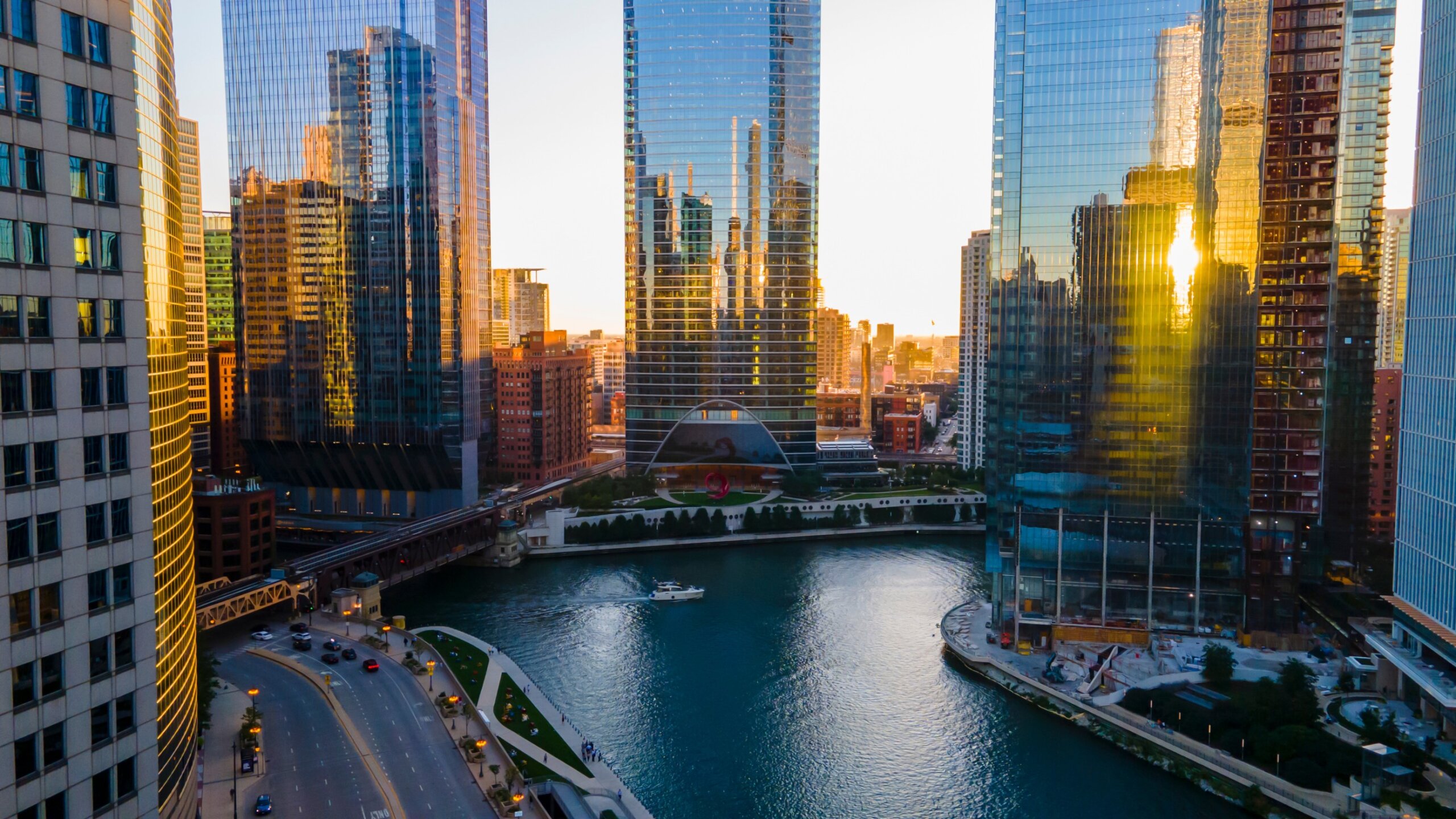 Chicago, IL USA September 1 2022: establishing aerial drone footage of Chicago downtown during sunset on a mid summer evening. the contemporary buildings are beautiful to watch for tourist