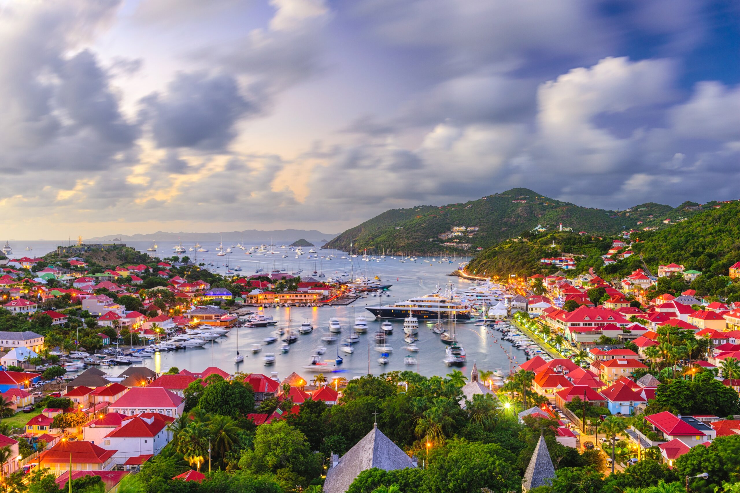 Saint Barthelemy skyline and harbor in the West Indies of the Caribbean.
