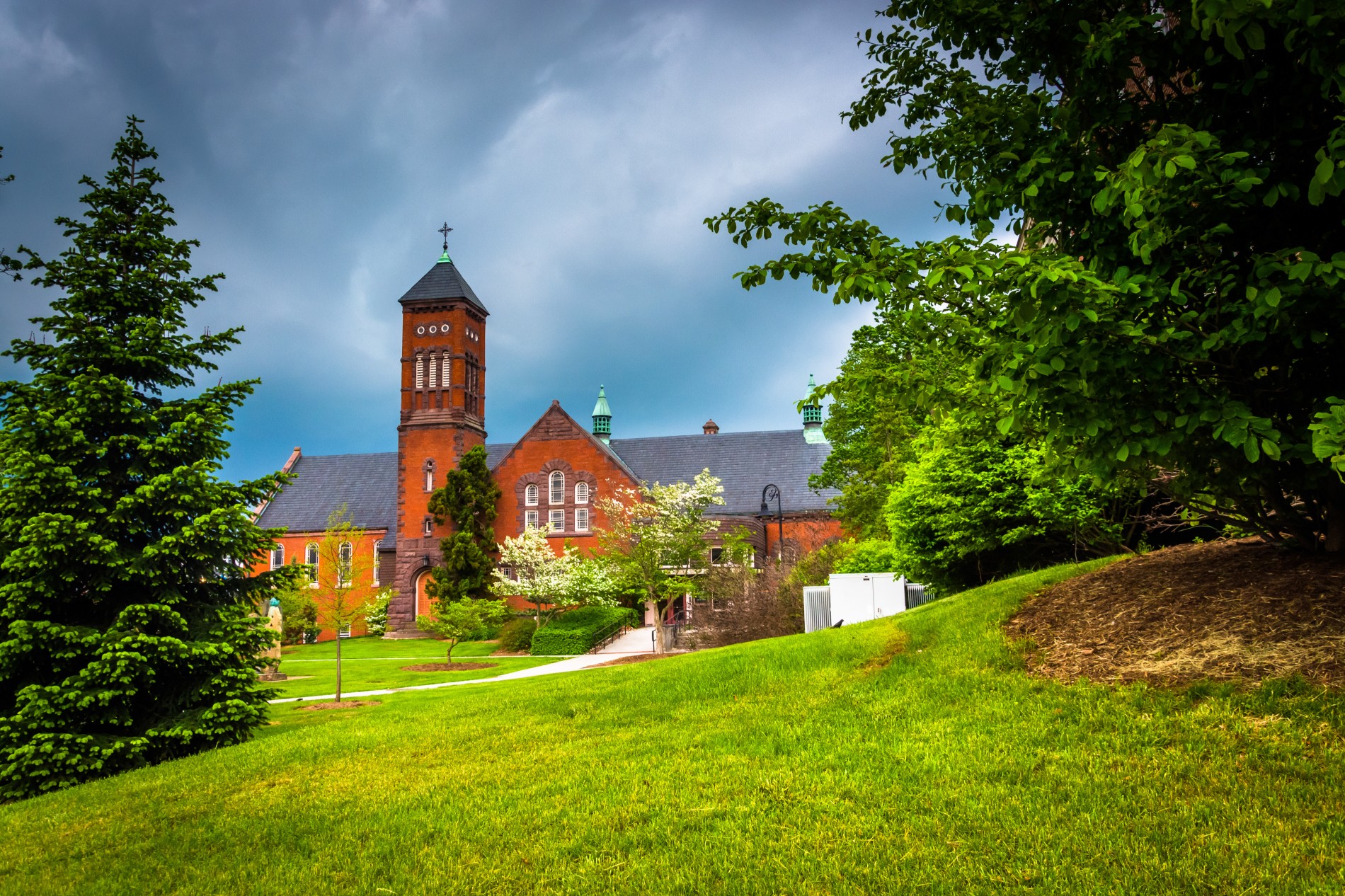 Trees and the Kline Theater in Gettysburg, Pennsylvania.