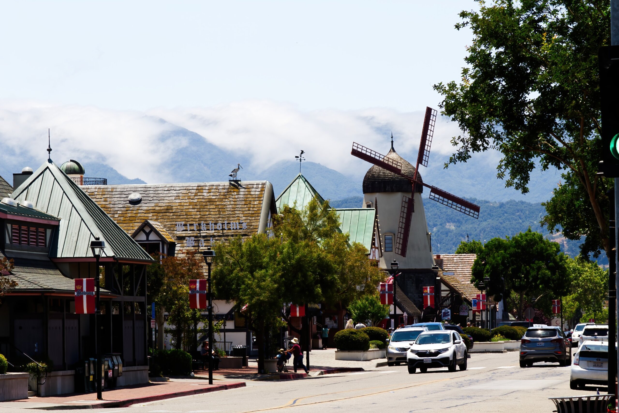 Windmill Street Buildings Hills Clouds Solvang California
