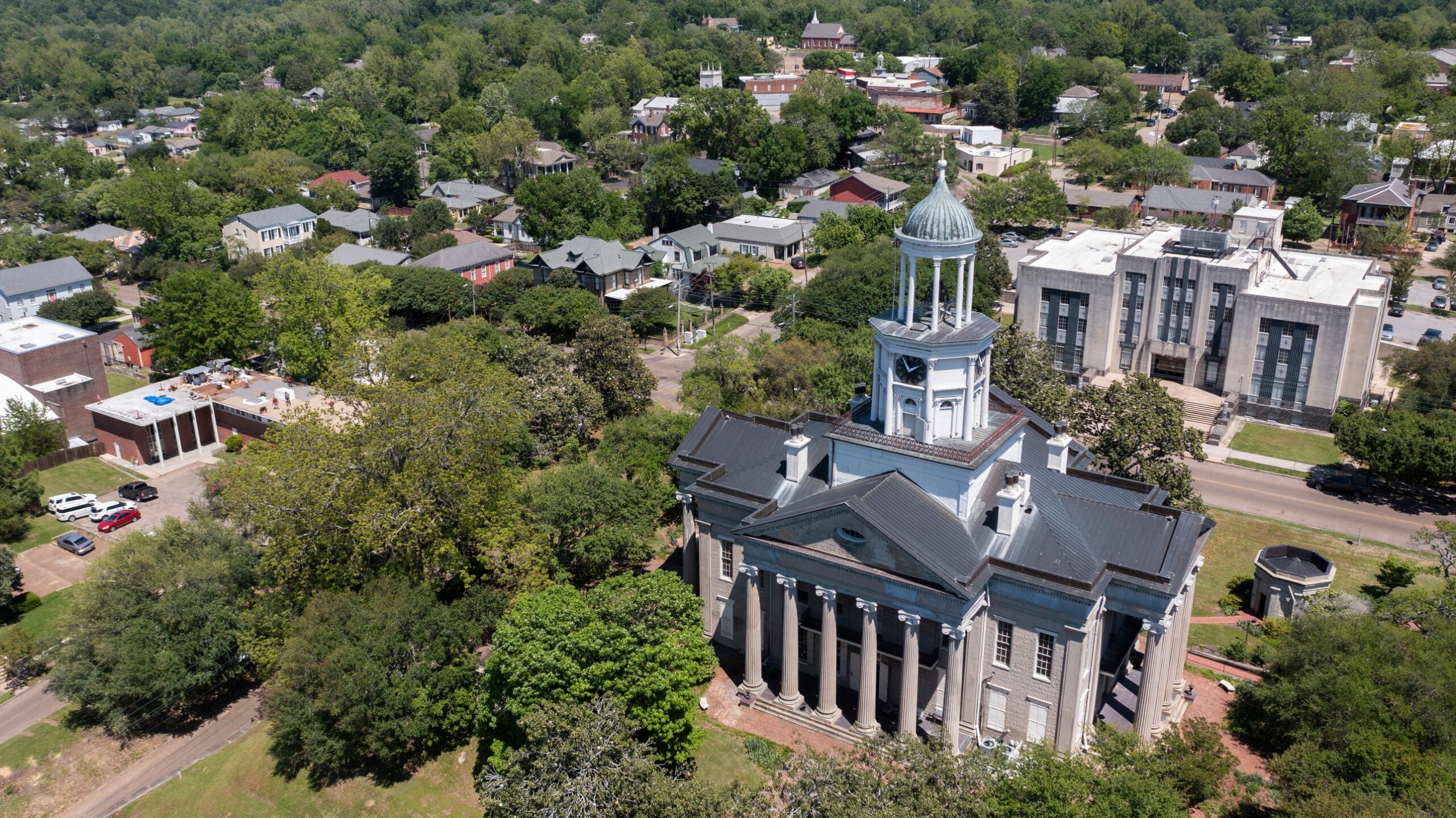 Vicksburg, Mississippi, USA - April 23, 2024: Afternoon sun shines on the historic downtown Courthouse.
