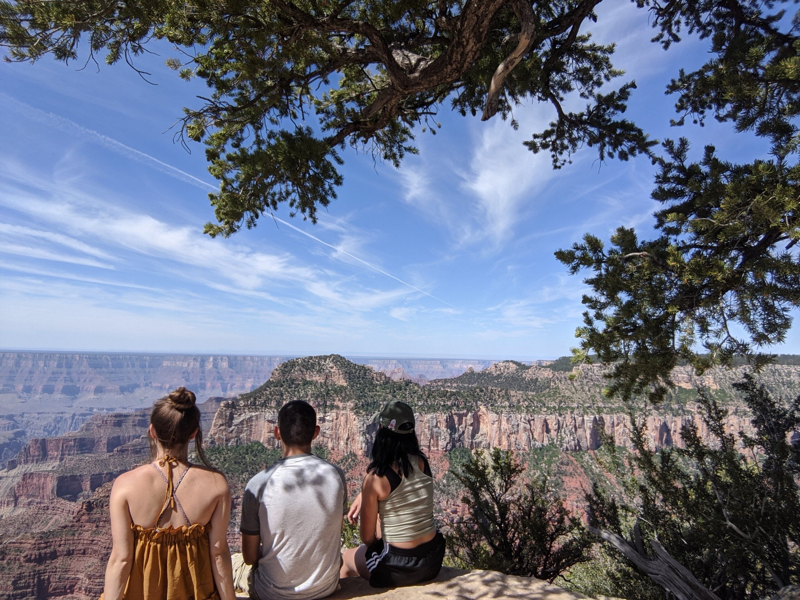 Three friends set up a camera to take a aesthetic selfie at the grand canyon