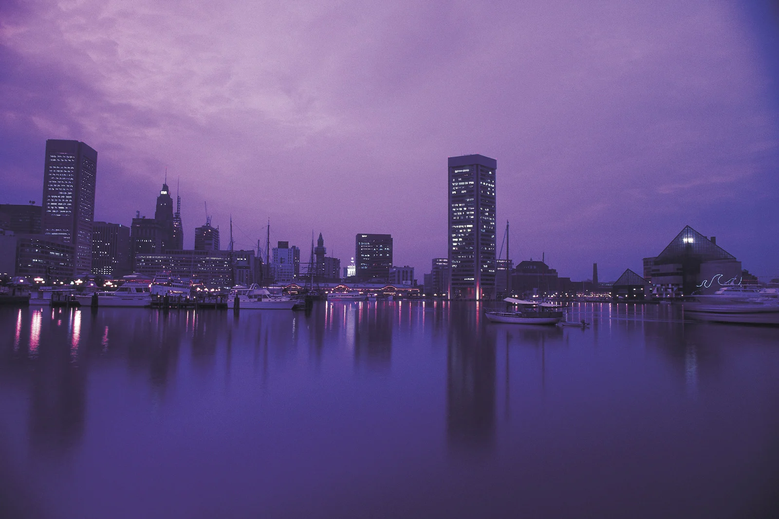 nighttime scene of city in Baltimore, Maryland