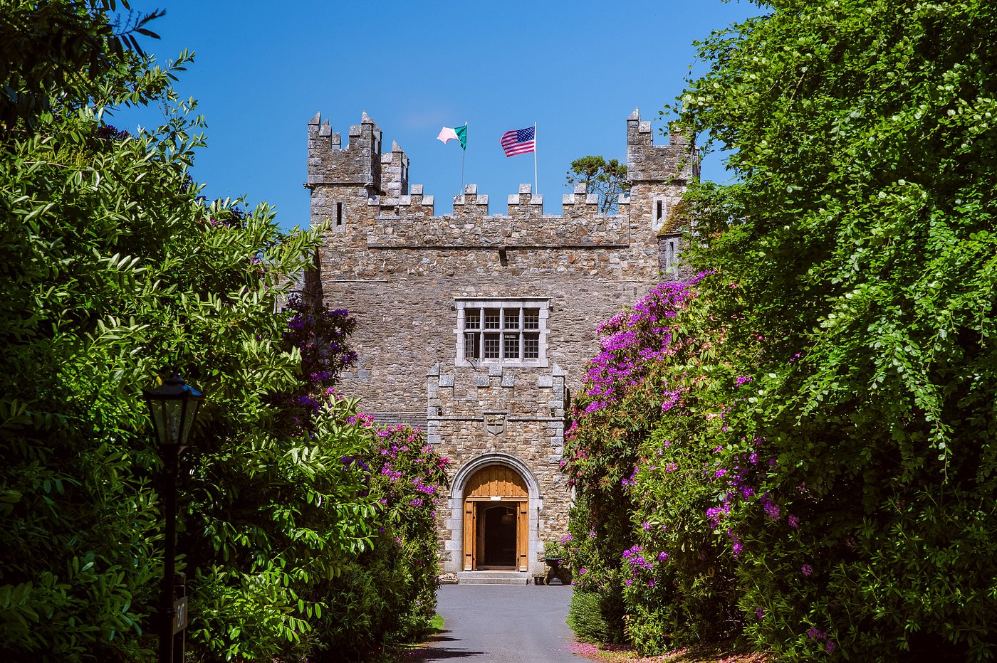 Lush greenery and vibrant purple blooms line the paved pathway to the Waterford Castle, Waterford