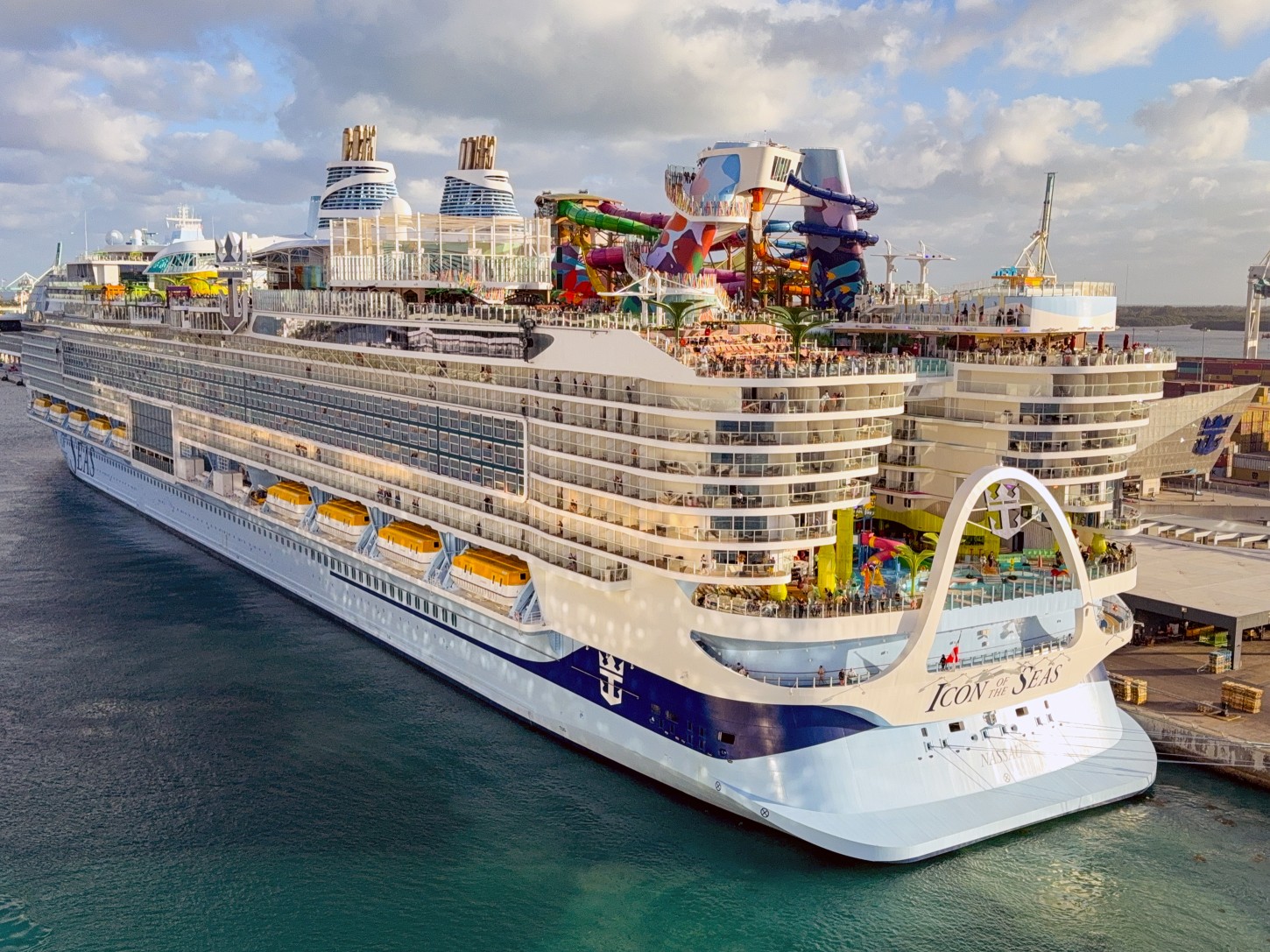 Miami, Florida, USA - 4 January 2025: Rear view of the world's biggest cruise ship, the Icon of the Seas. The ship is operated by RCI, Royal Caribbean International.