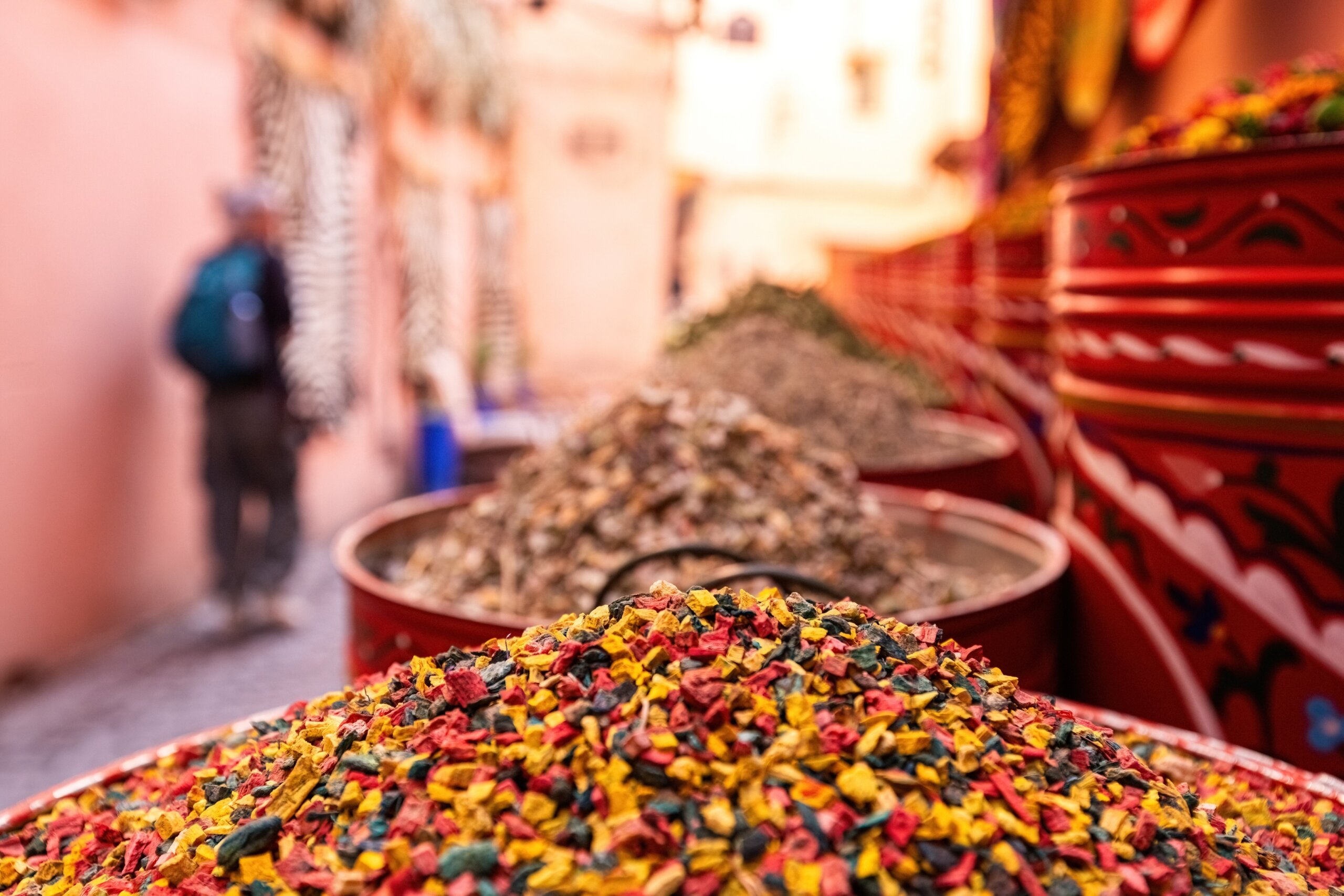 Traditional market in Marrakesh Tea, spices and herbs for sale on the old town market Morocco
