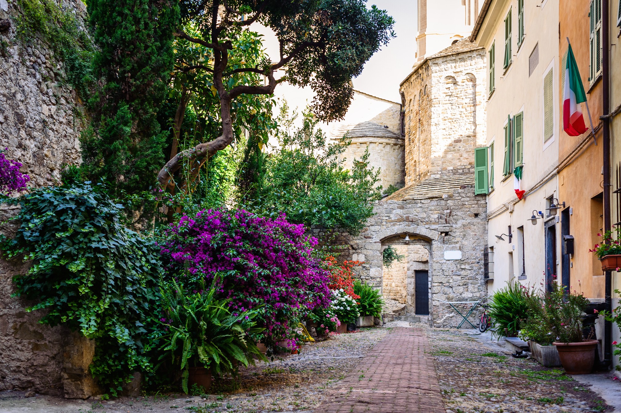 The yard with many flowers in the ancient town of Ventimiglia. Italy.
