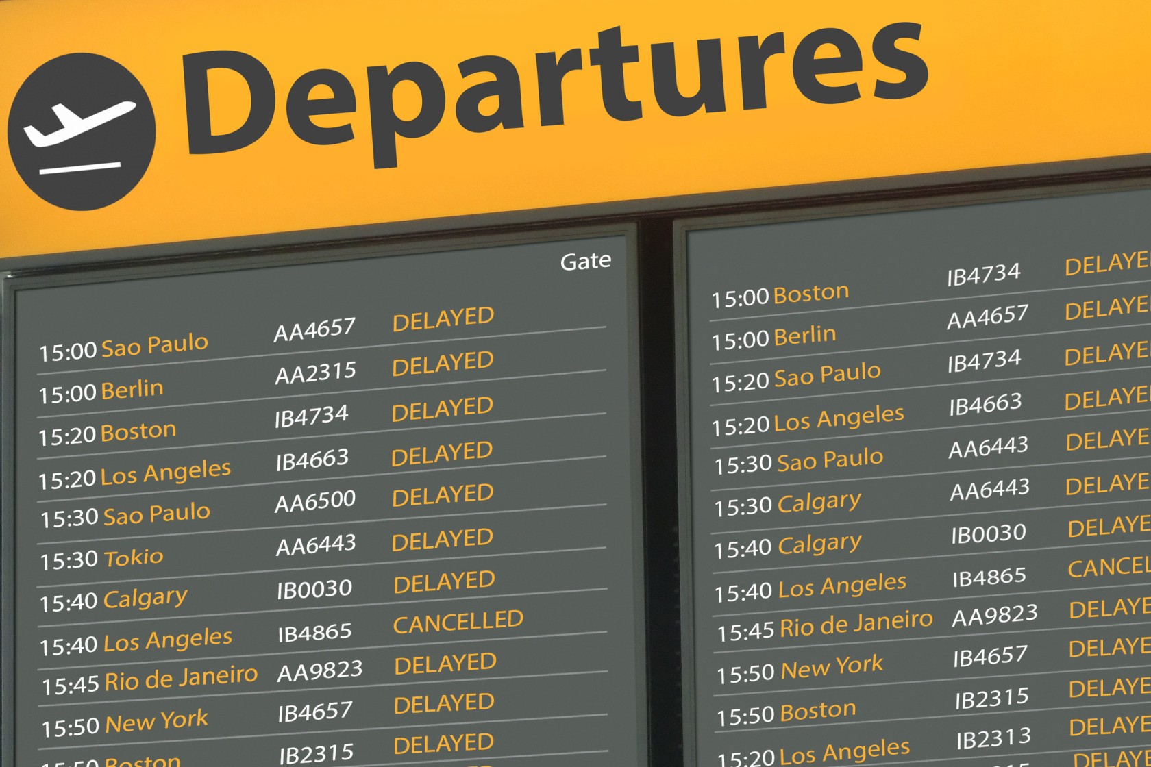 holiday airport wait times: Airport Departure Board with delayed flights
