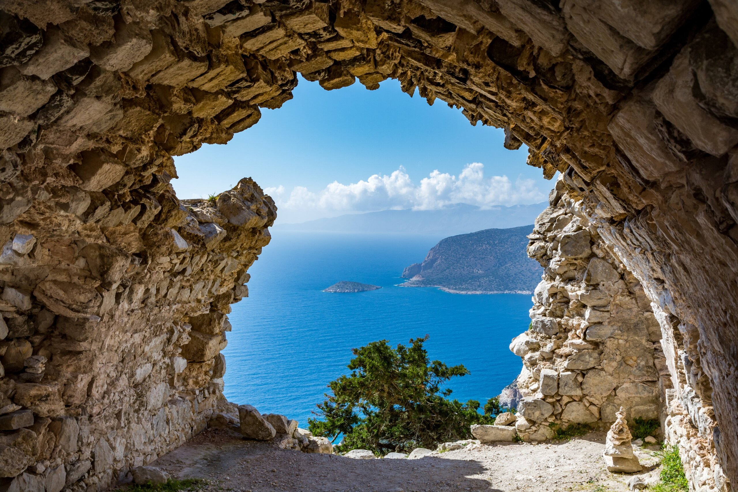 View from ruins of a church in Monolithos castle, Rhodes island, Greece

