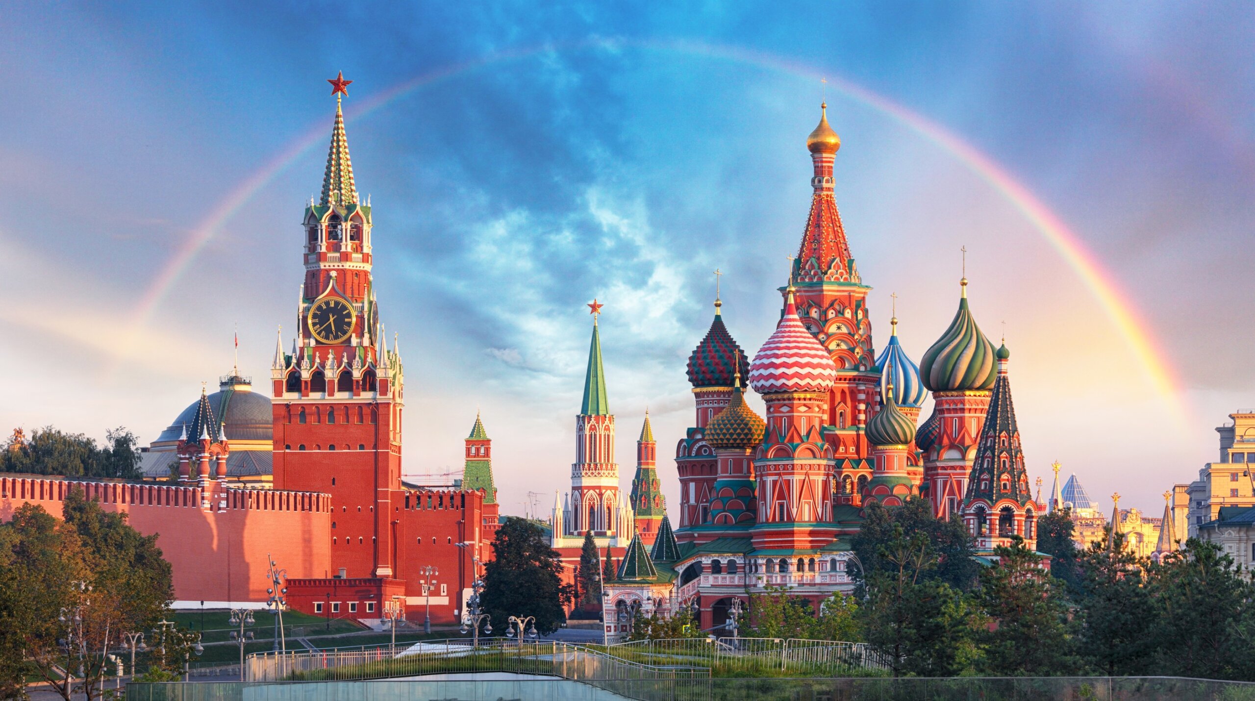 Moscow - Panoramic view of the Red Square with Moscow Kremlin and St Basil's Cathedral with rainbow
