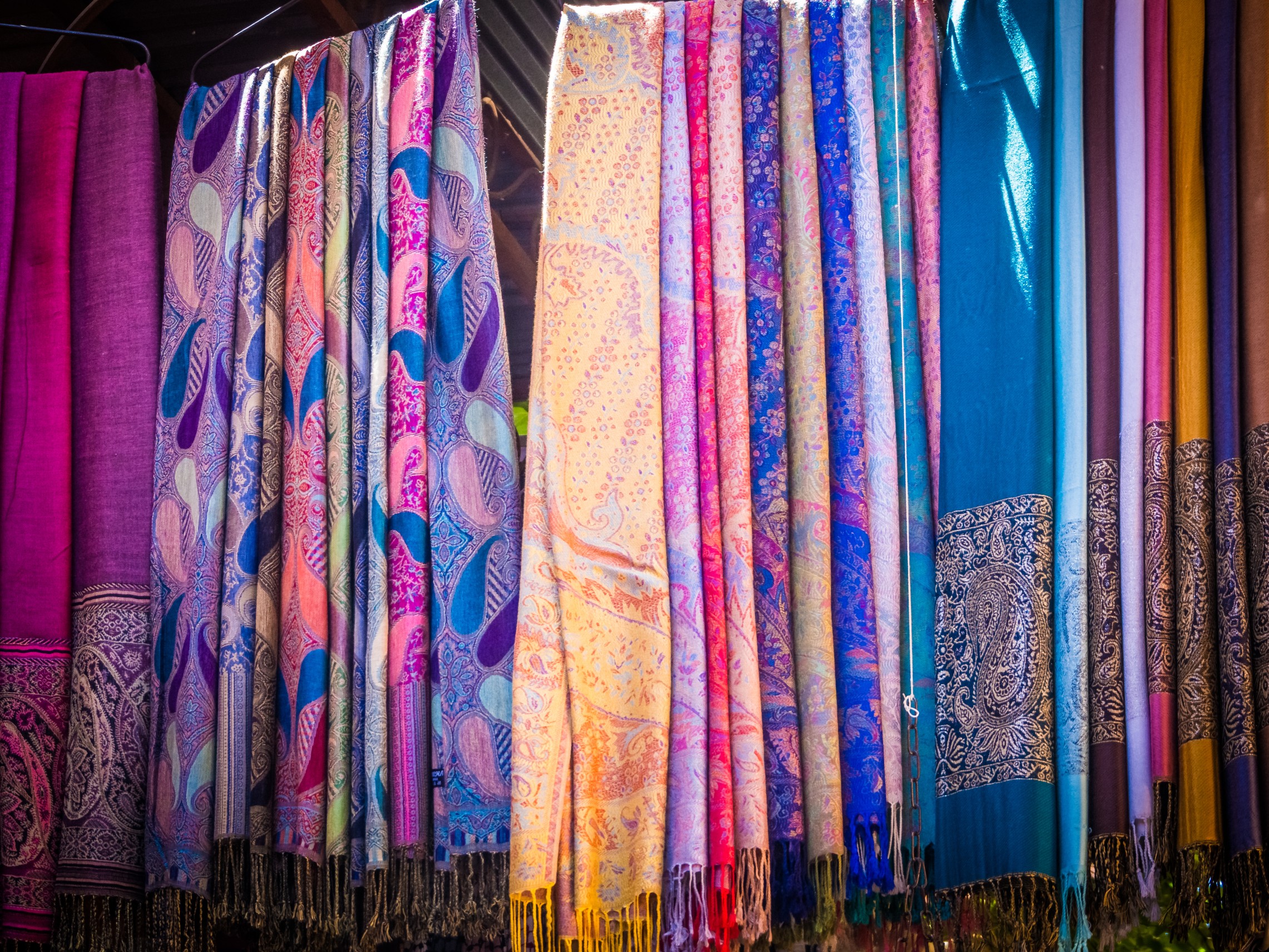 Traditional Colorful Moroccan scarves and shawls, Morocco also known as shesh (touareg turban). Handmade fabrics. Souk. scarfs market of the old medina in vibrant colors