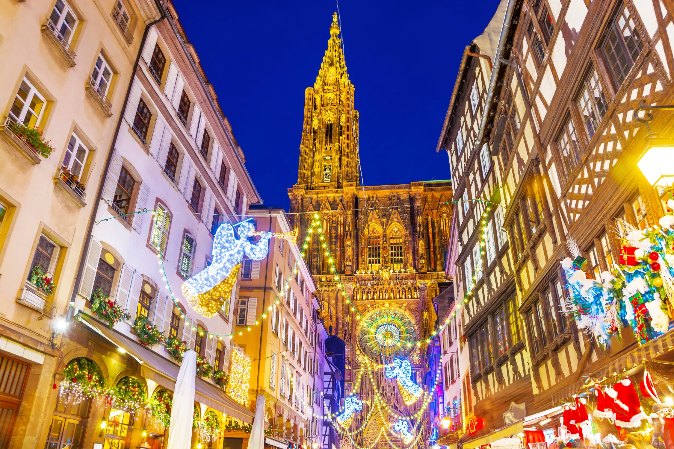 Festive Christmas illumination and decorations on streets of Strasbourg - capital of Christmas, Alsace, France.
