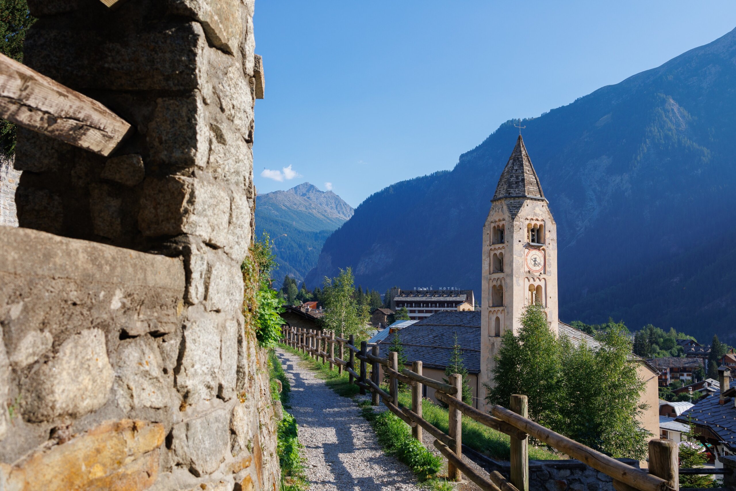 View of the Bell Tower of the Church of San Pantaleone in Courmayeur, Aosta Valley - Italy
