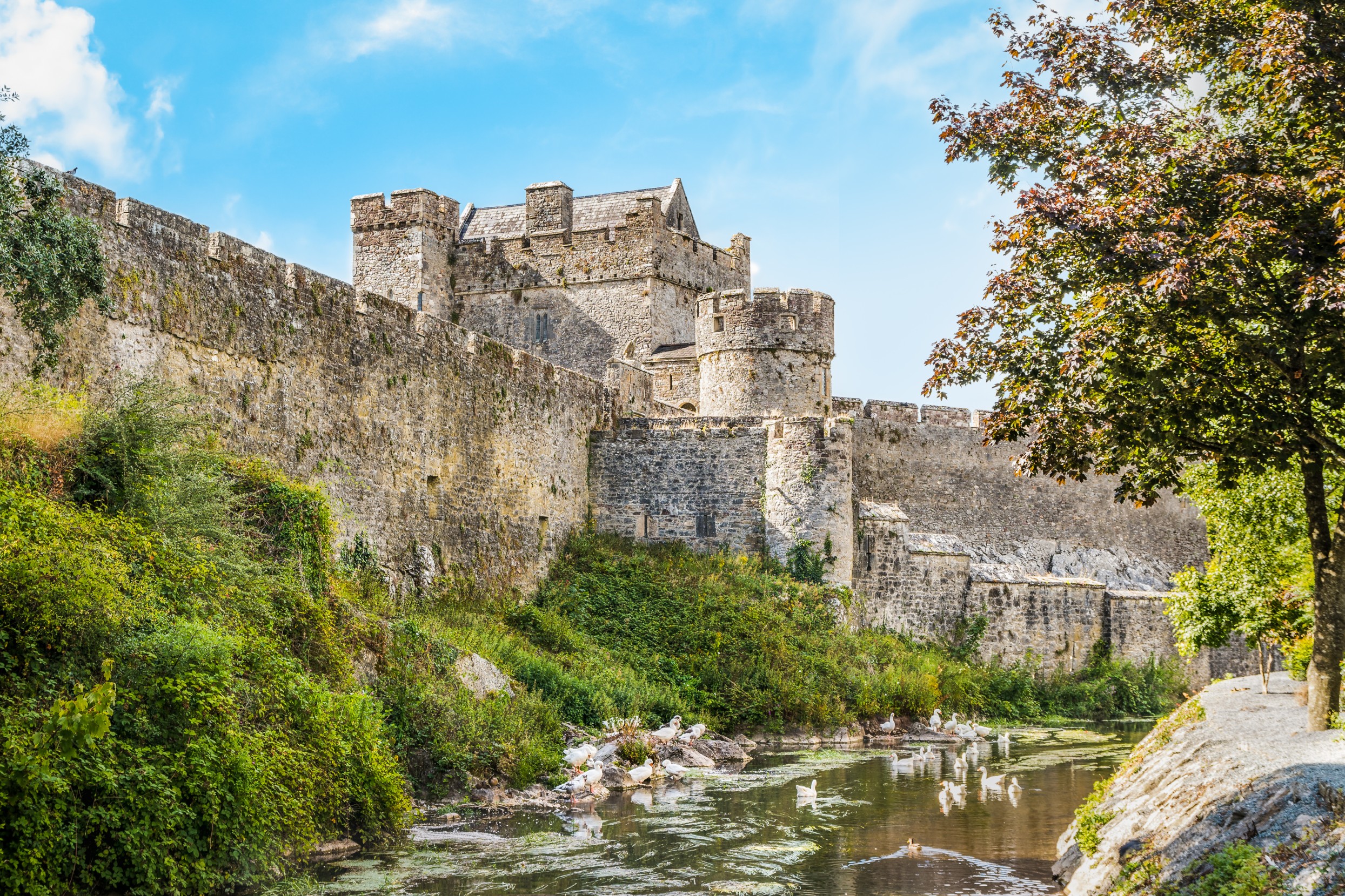 Tall ramparts, towers and moat of the medieval historic Cahir castle, Ireland
