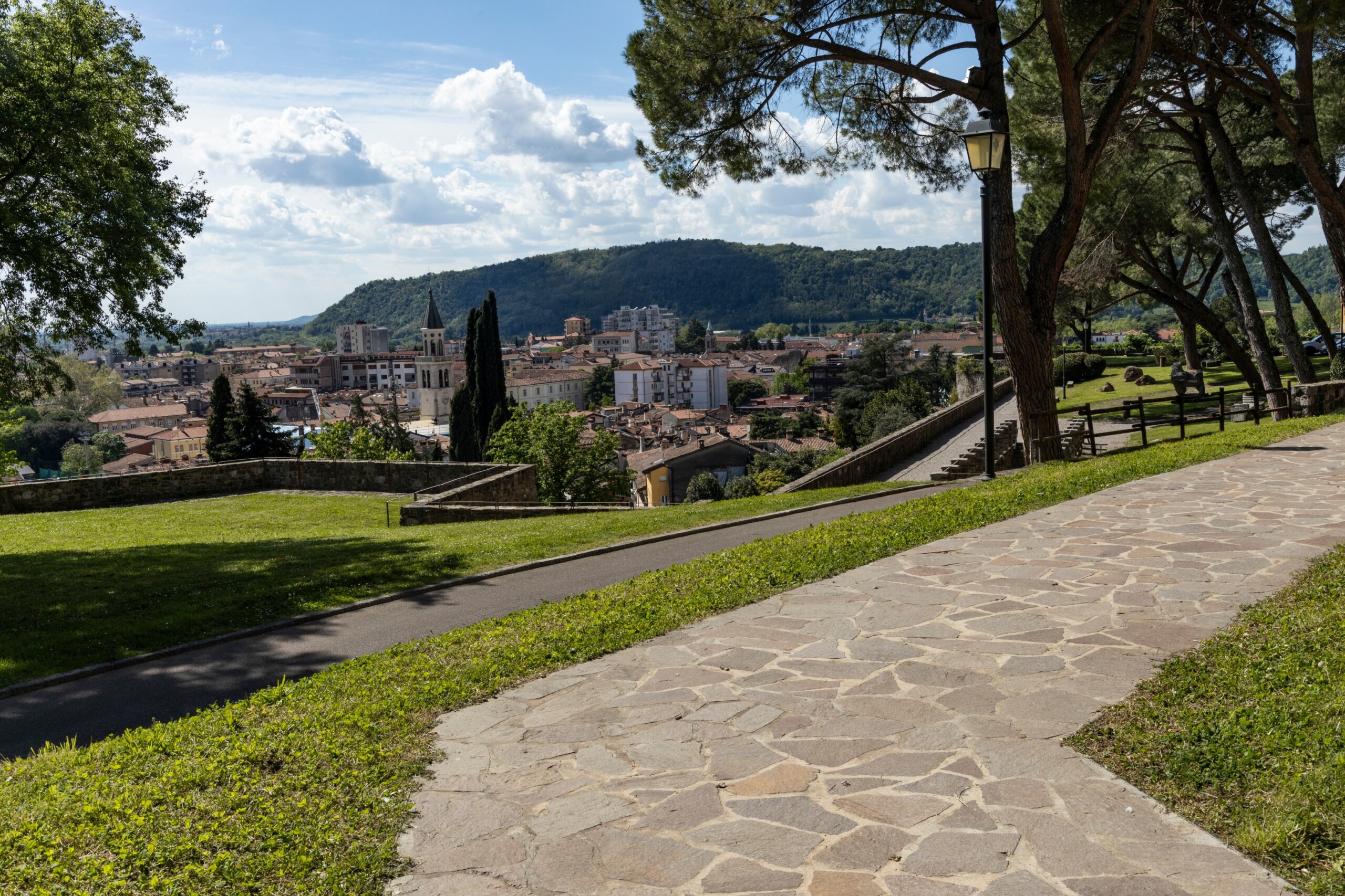 City of Gorizia, Castel on top the hill, wall and fortification, cannons. Panorama whole city. The beautiful streets and the castle behind them are a trace of history. Cultural Heritage Capital 2025.
