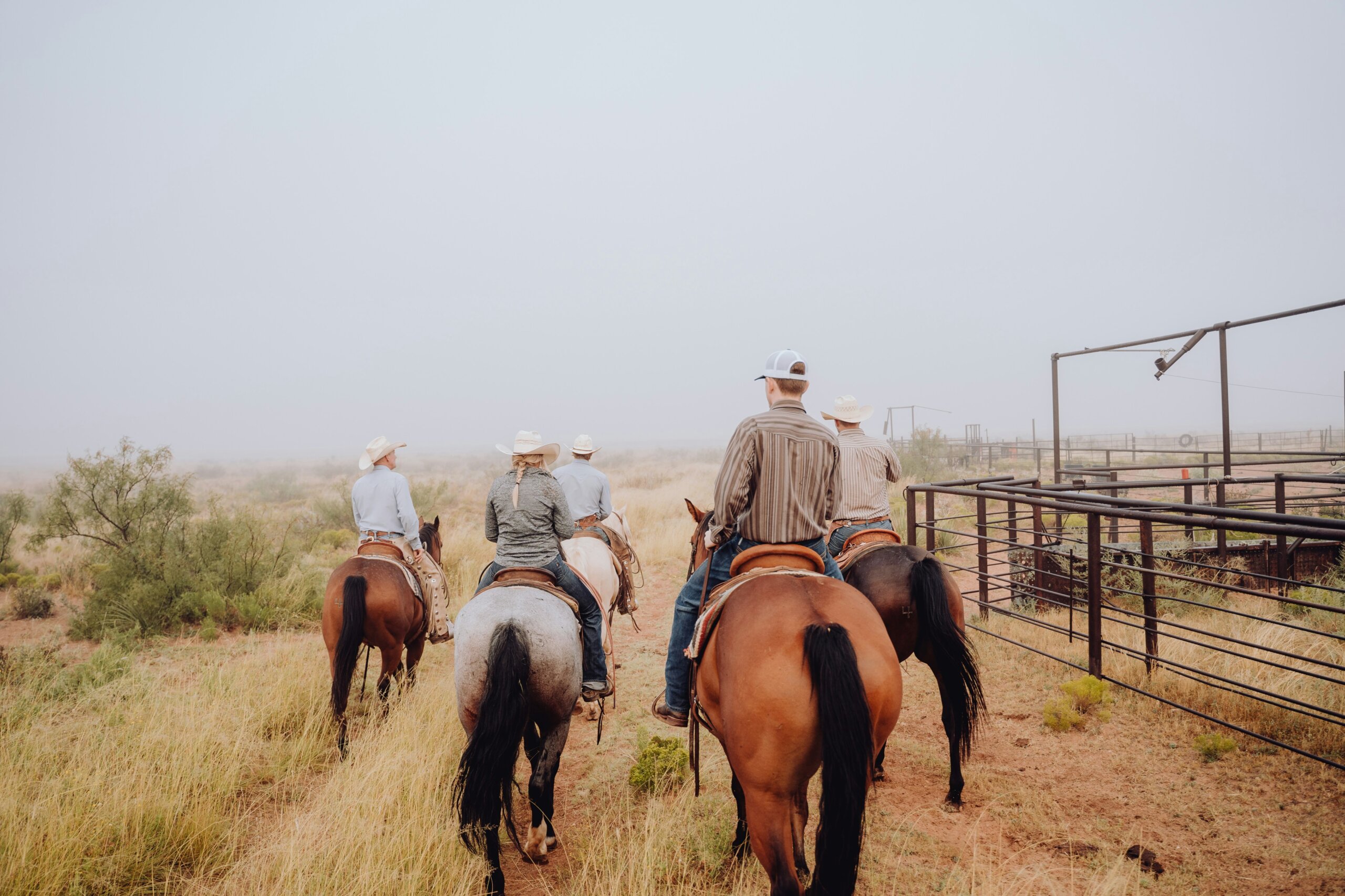 Group of cowboys riding horses on a ranch at sunrise, representing authentic cowboy core vacations in the U.S.