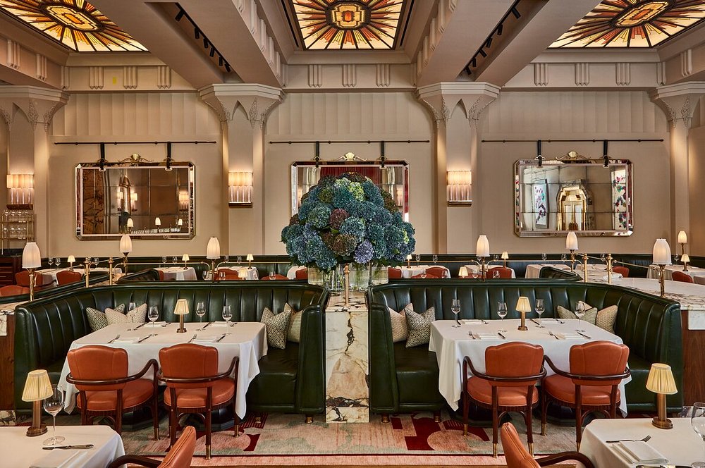 Elegant Art Deco dining room at Claridge’s, one of London’s most iconic royal family restaurants frequented by generations of British royalty.