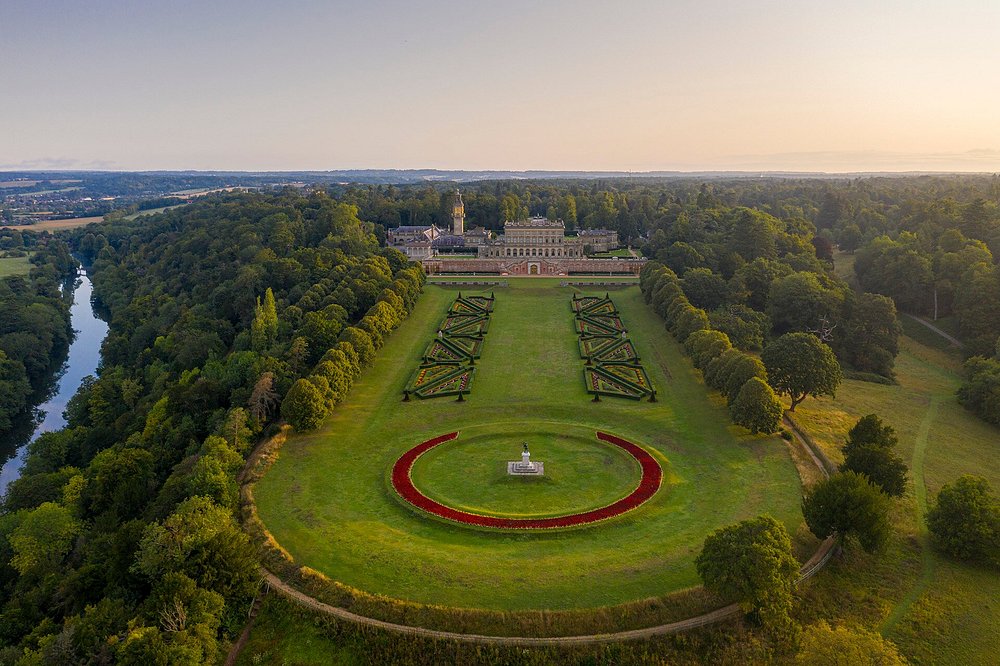 Aerial view of Cliveden House estate in Berkshire, a favorite countryside dining retreat of the British Royal Family.