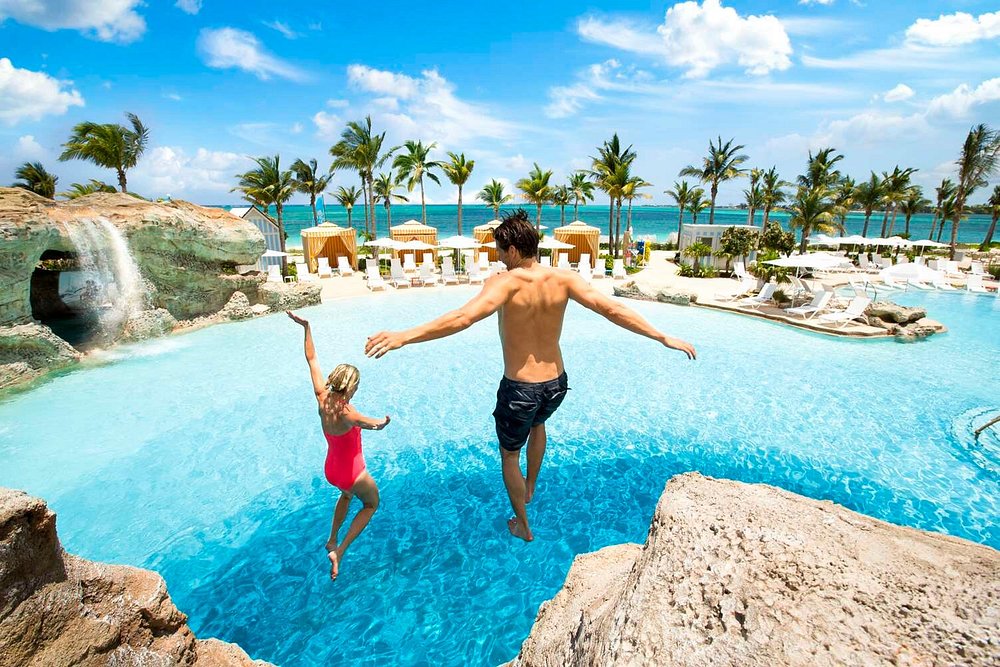 Parent and child jumping into a tropical resort pool with palm trees and ocean in the background