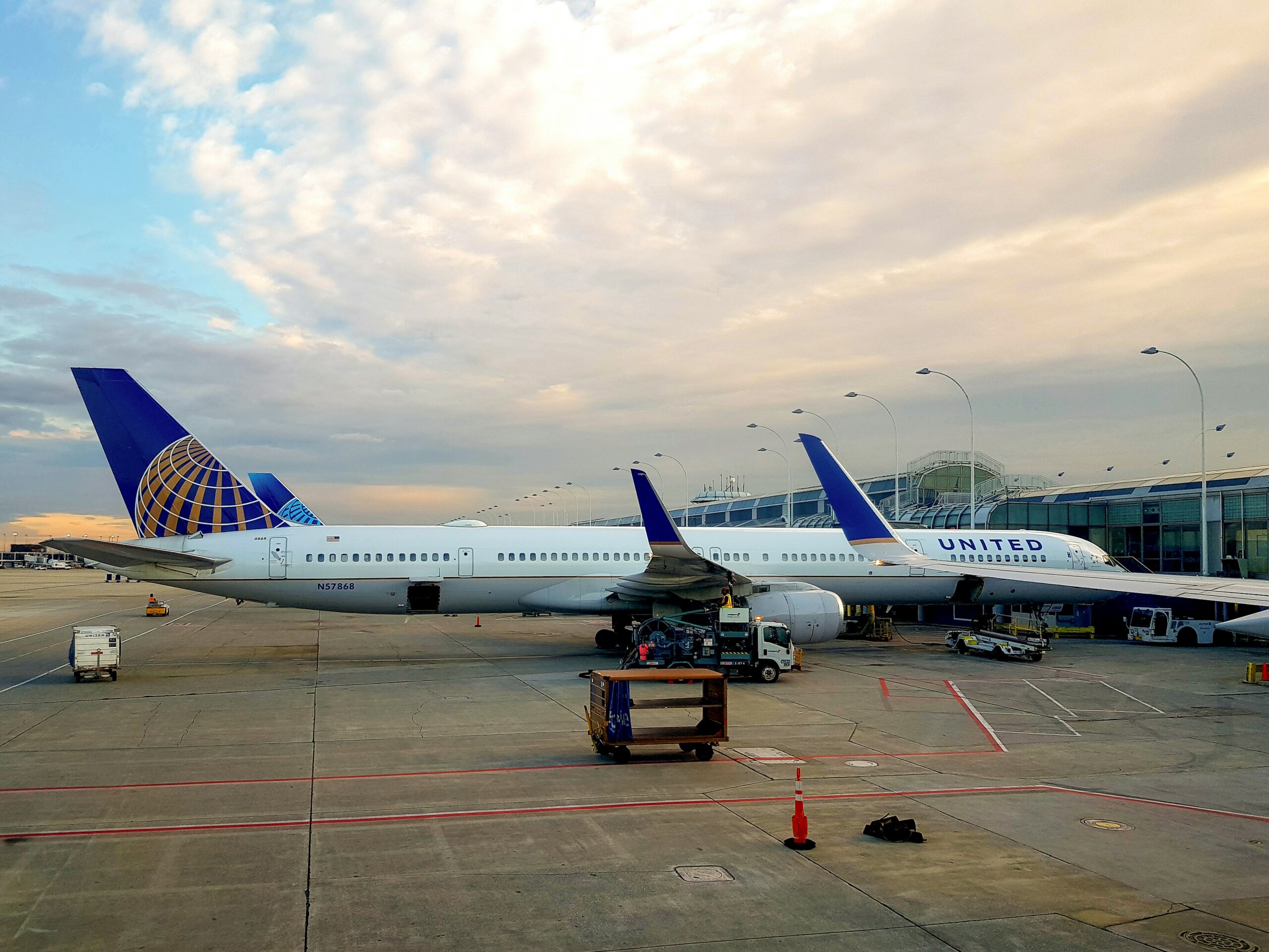 United Airlines planes parked at the airport gate during pre-flight operations in the U.S.