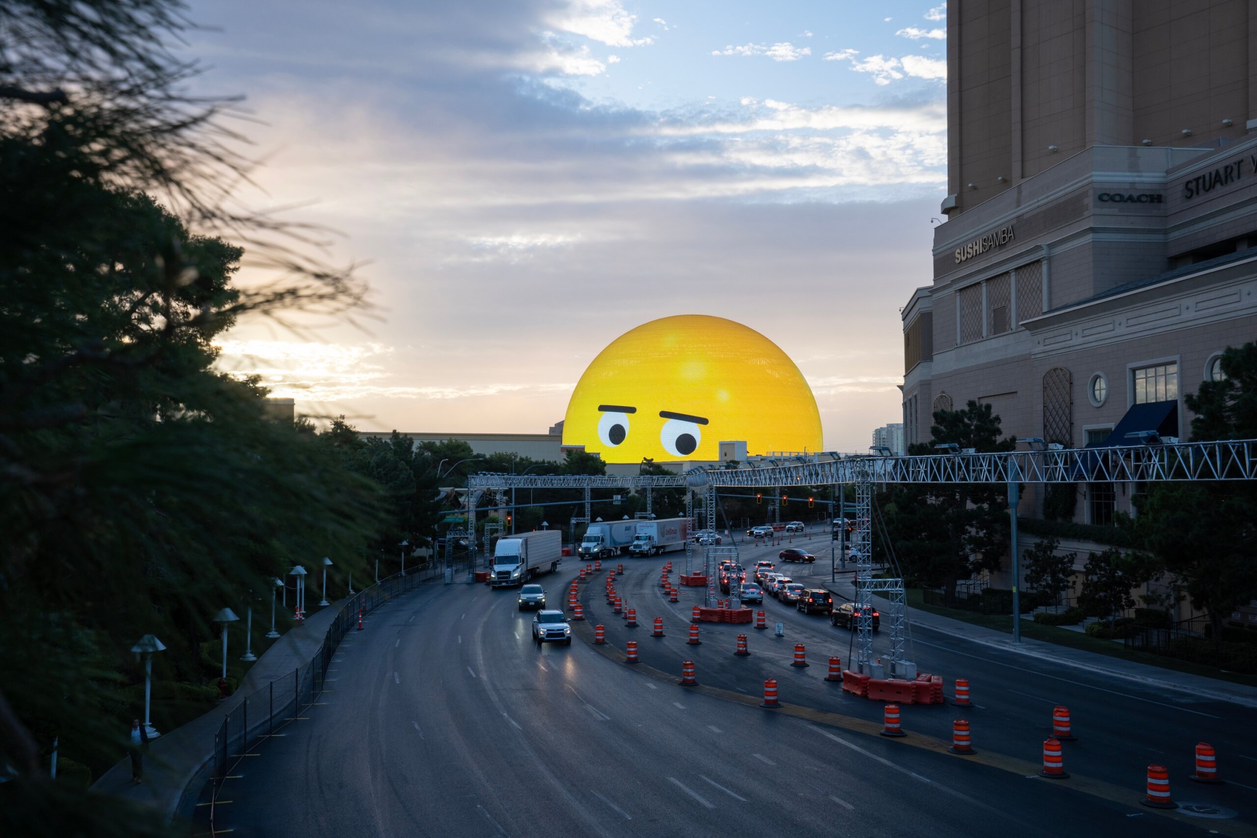 Paradise, NV, USA - Oct 28, 2024: Sphere at the Venetian, a music and entertainment arena in Paradise, Nevada, displays an animated yellow emoji face on its 580000-square-foot LED screen at dawn.
