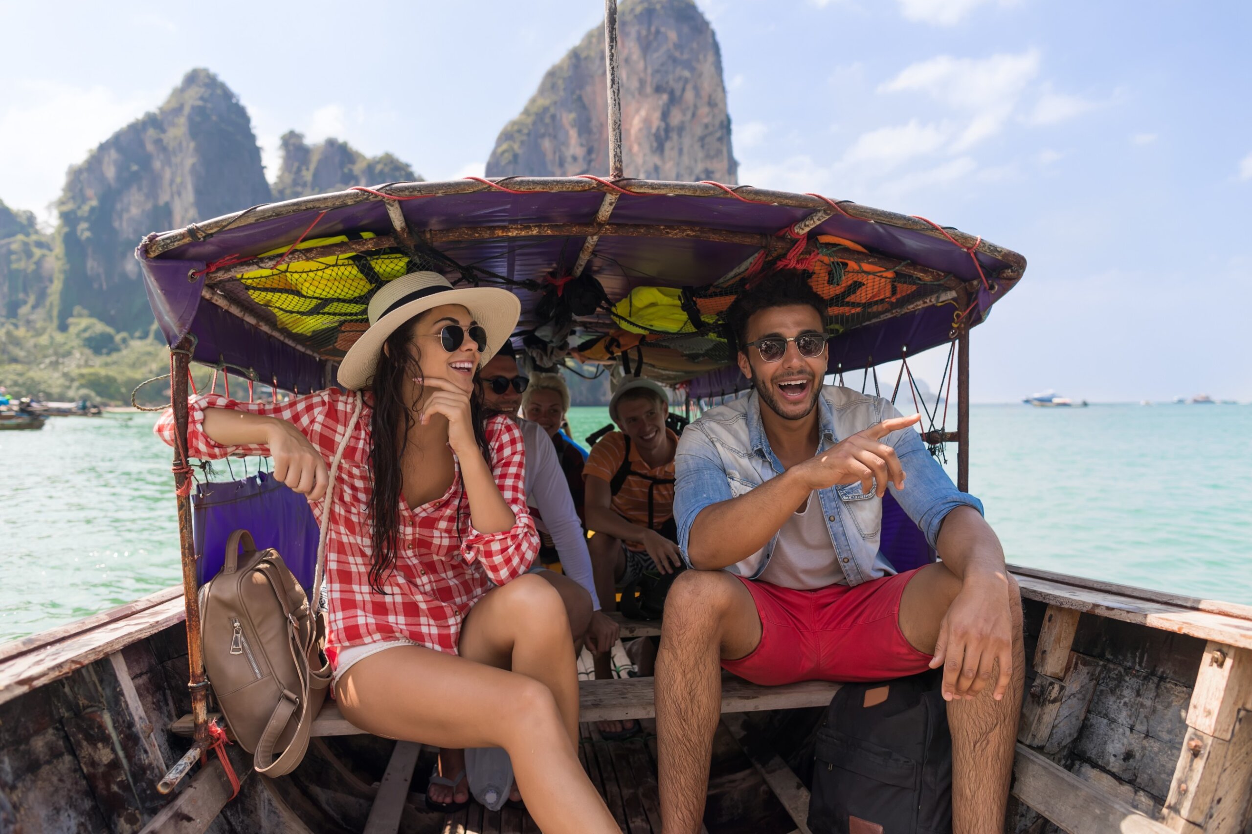 Young People Group Tourist Sail Long Tail Thailand Boat Ocean Friends Sea Vacation Travel Trip Tropical Holiday
